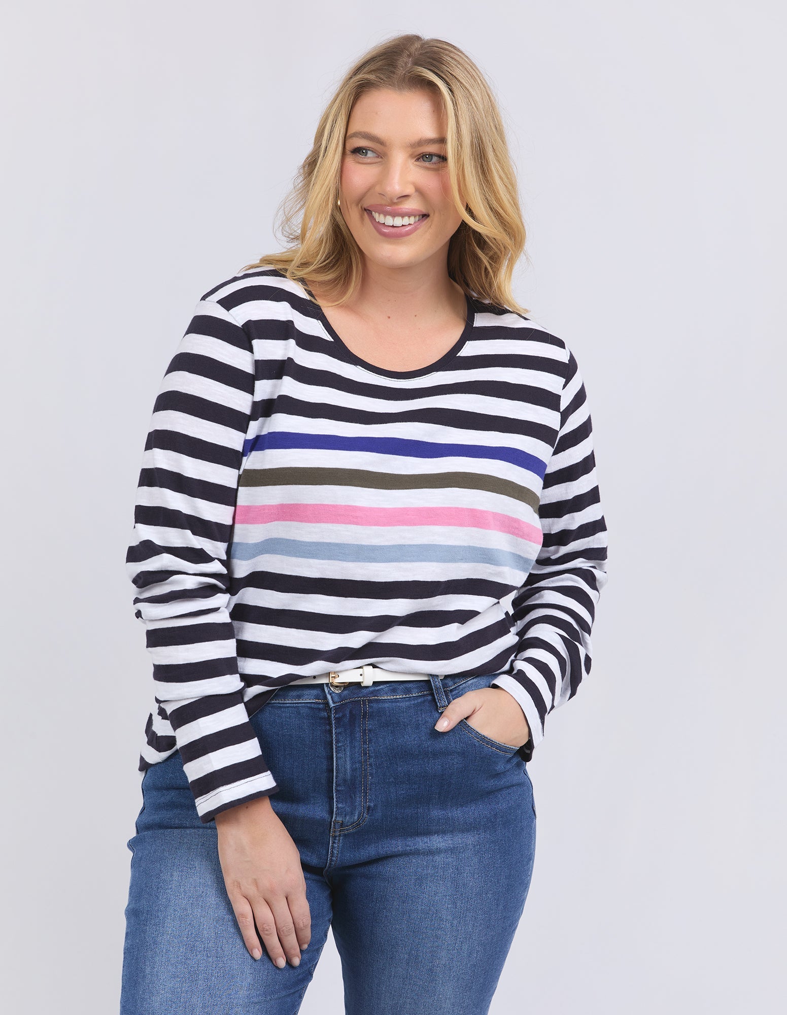 Harmony Long Sleeve Tee Navy & White Stripe