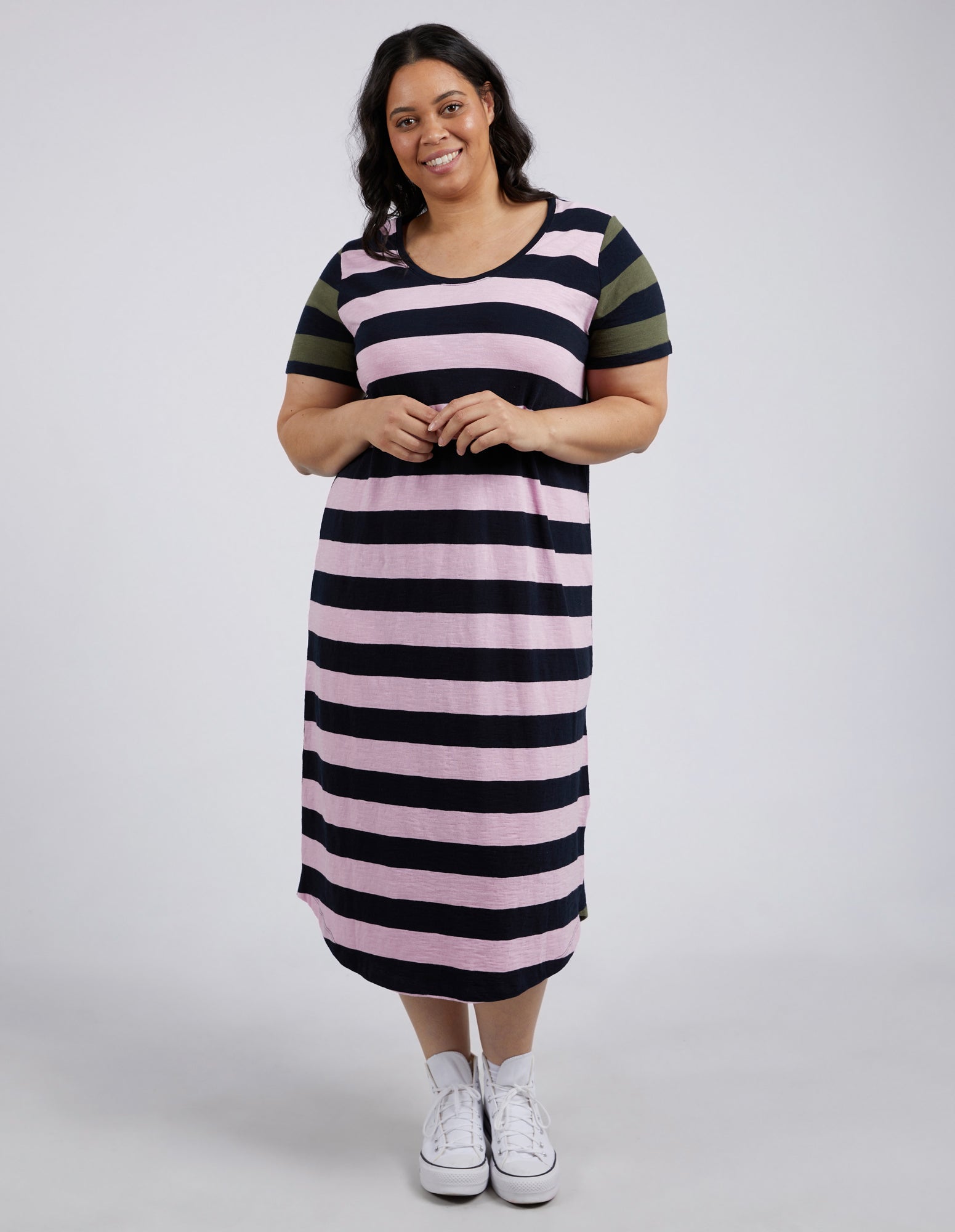 Mercury Dress Khaki, Navy & Pink Stripe