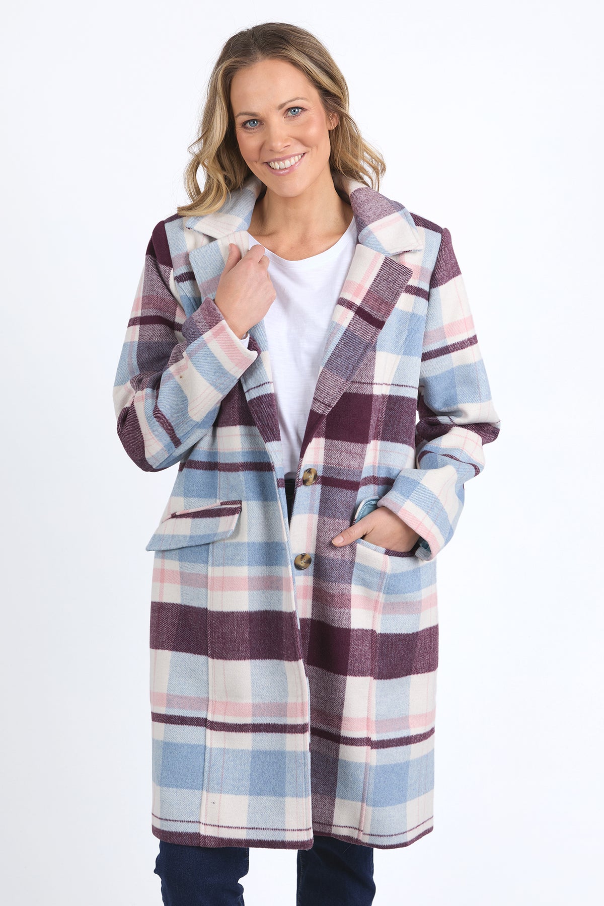 Blanche Check Coat Blue/Merlot