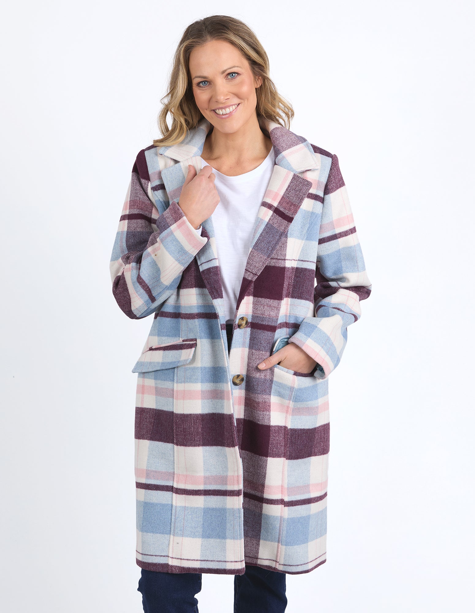 Blanche Check Coat Blue/Merlot