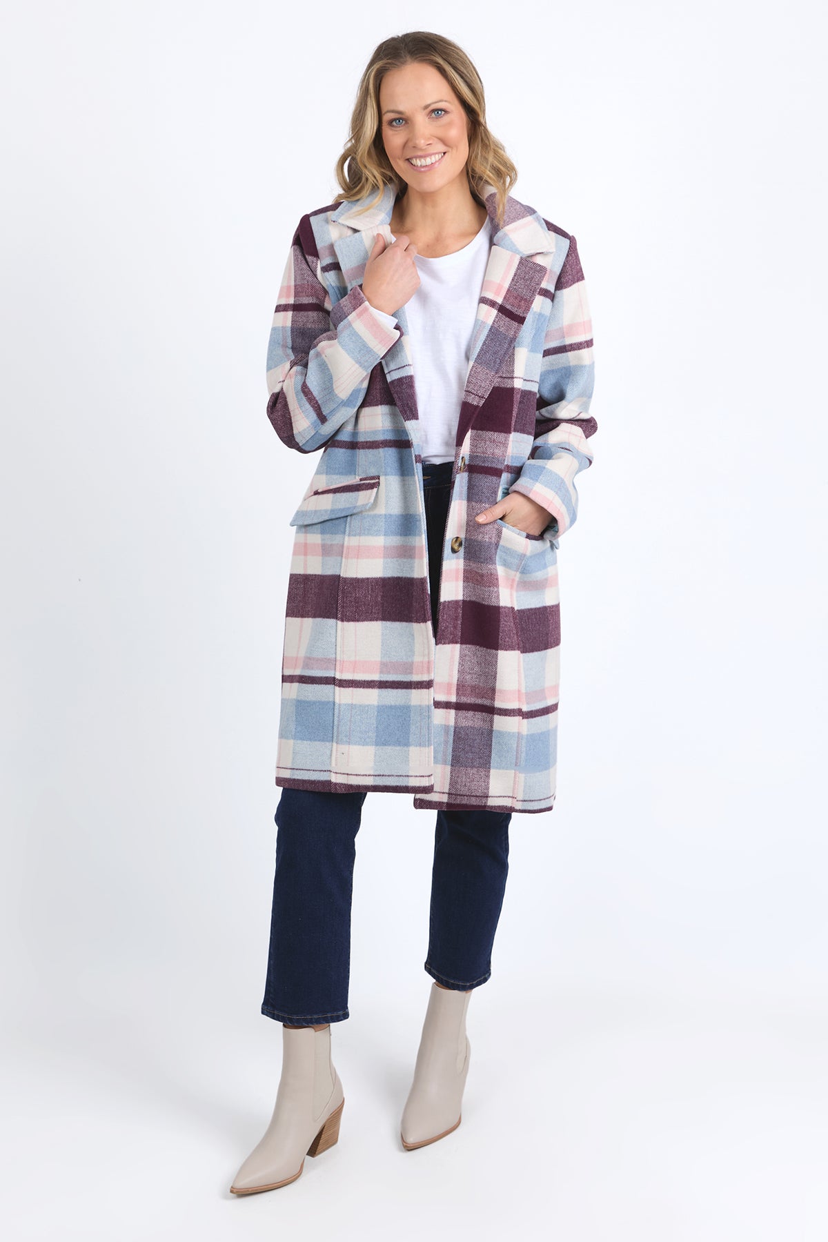 Blanche Check Coat Blue/Merlot