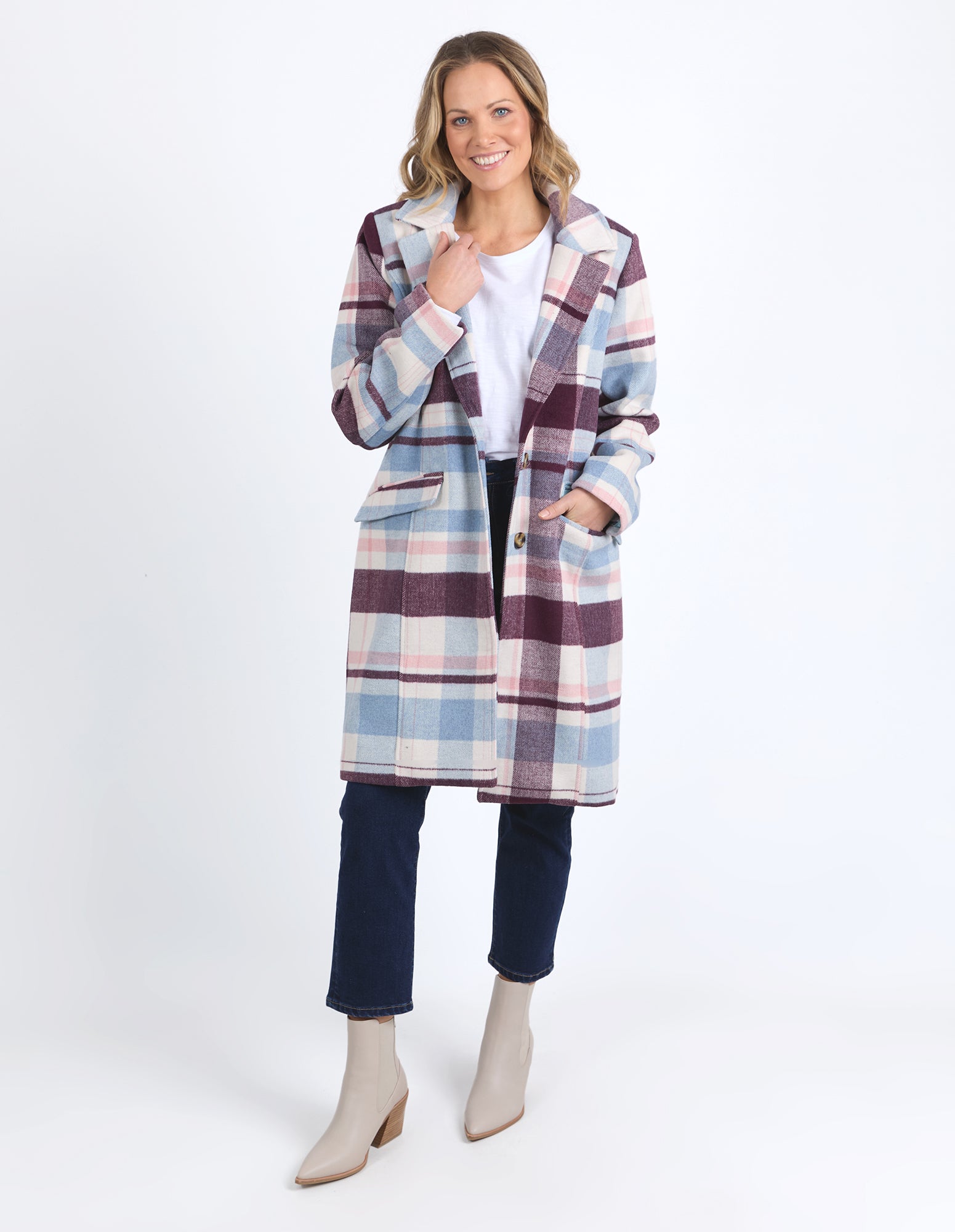 Blanche Check Coat Blue/Merlot