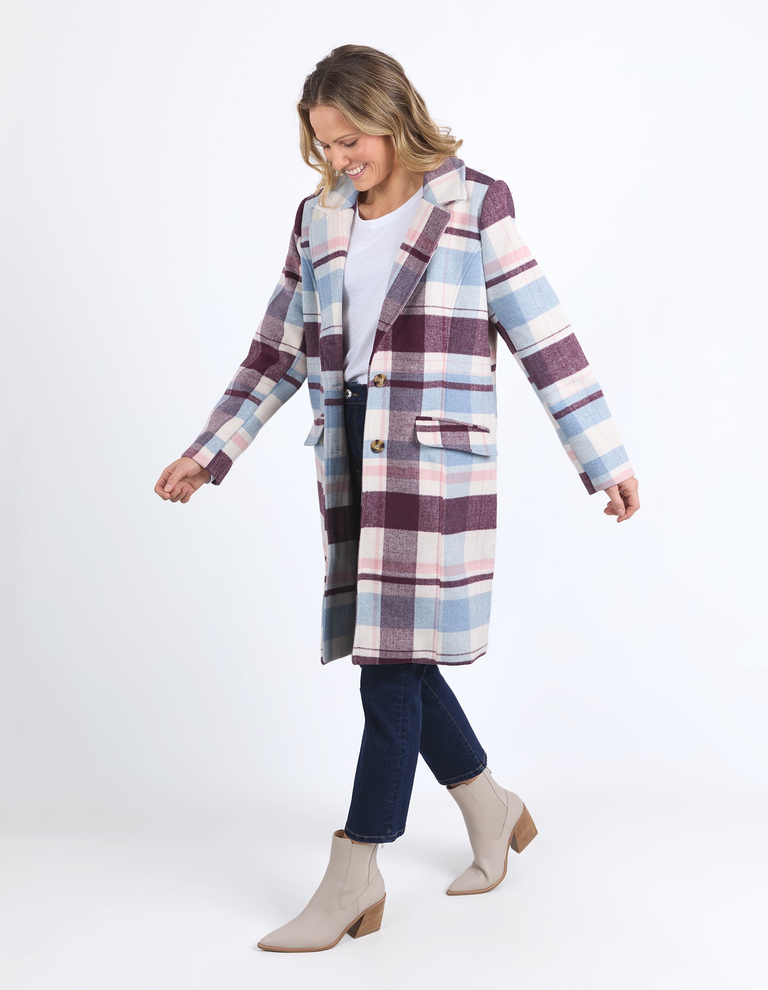 Blanche Check Coat Blue/Merlot