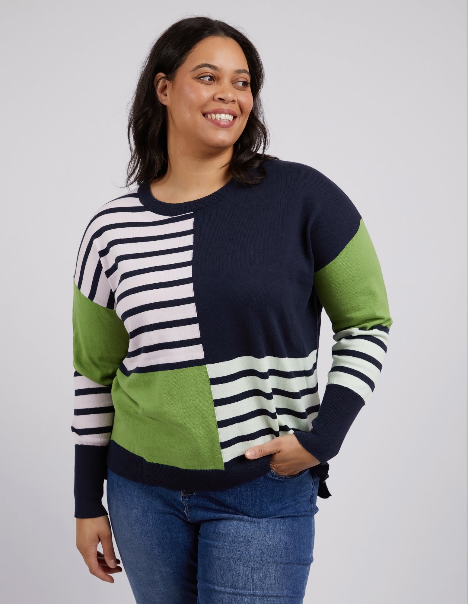 Fig Mixed Knit Navy & Green Stripe