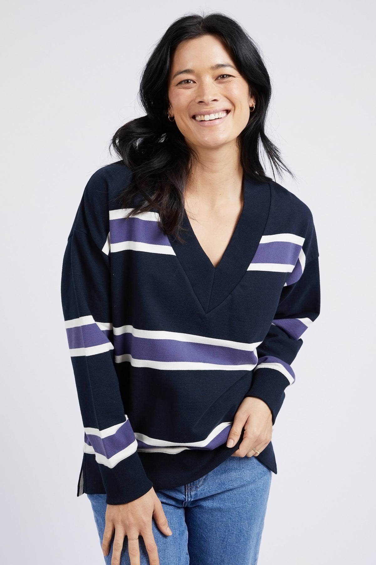 Peak Vee Fleece Navy Stripe