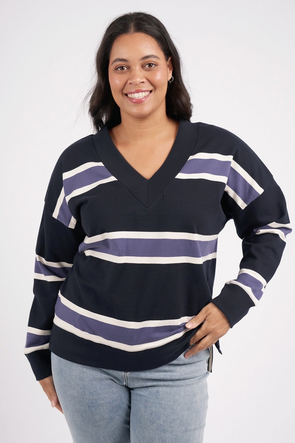 Peak Vee Fleece Navy Stripe