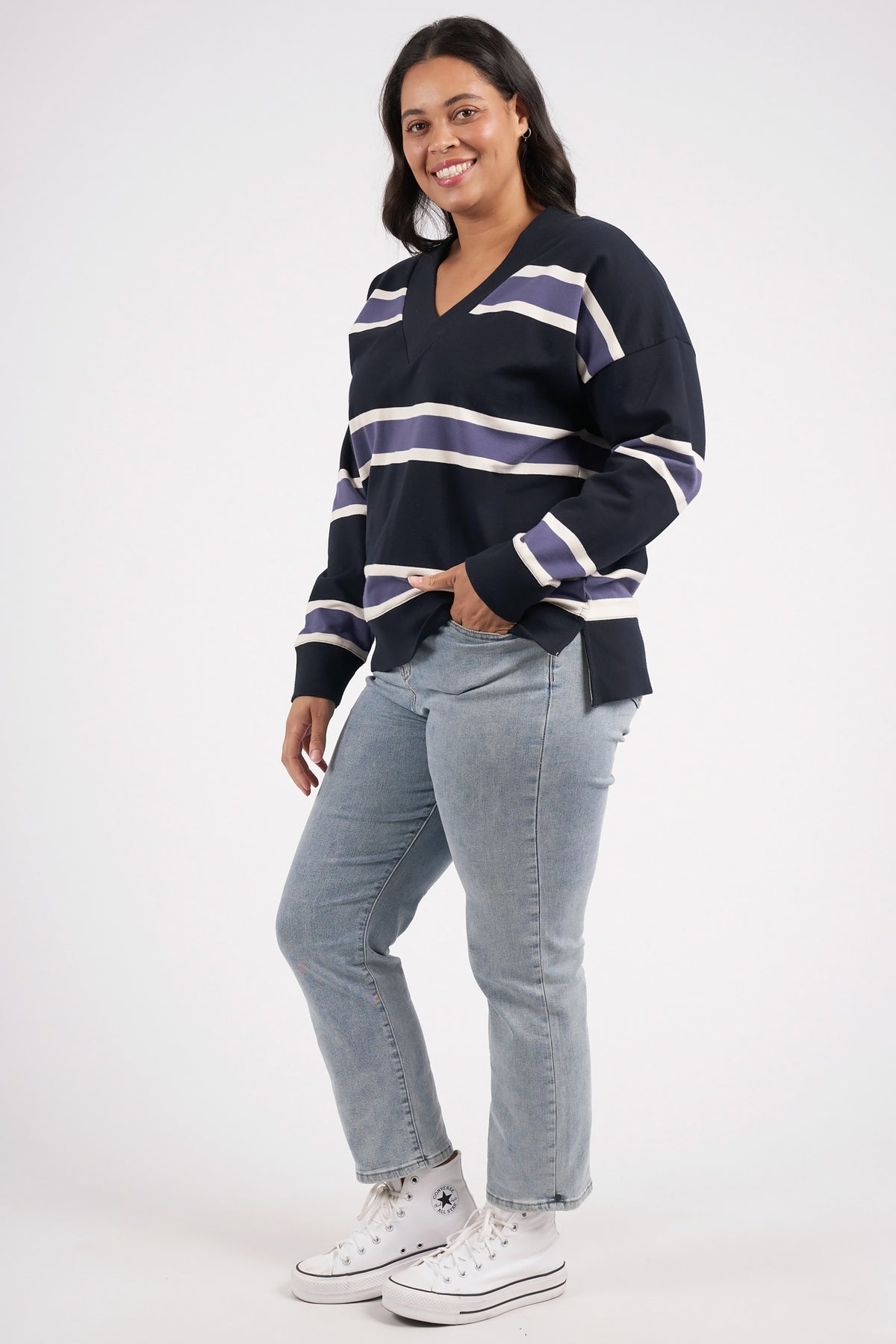 Peak Vee Fleece Navy Stripe