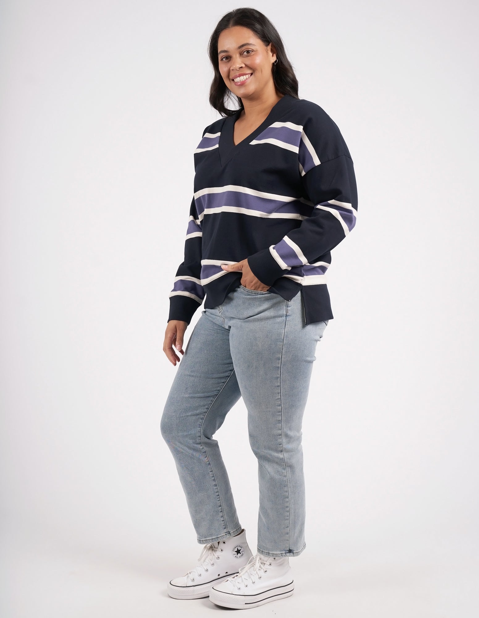 Peak Vee Fleece Navy Stripe