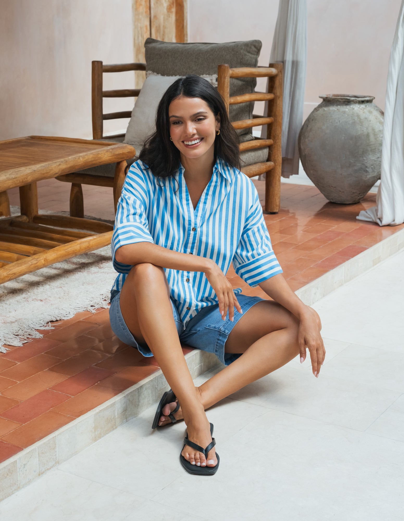 Striped Holiday Shirt Azure Blue/White