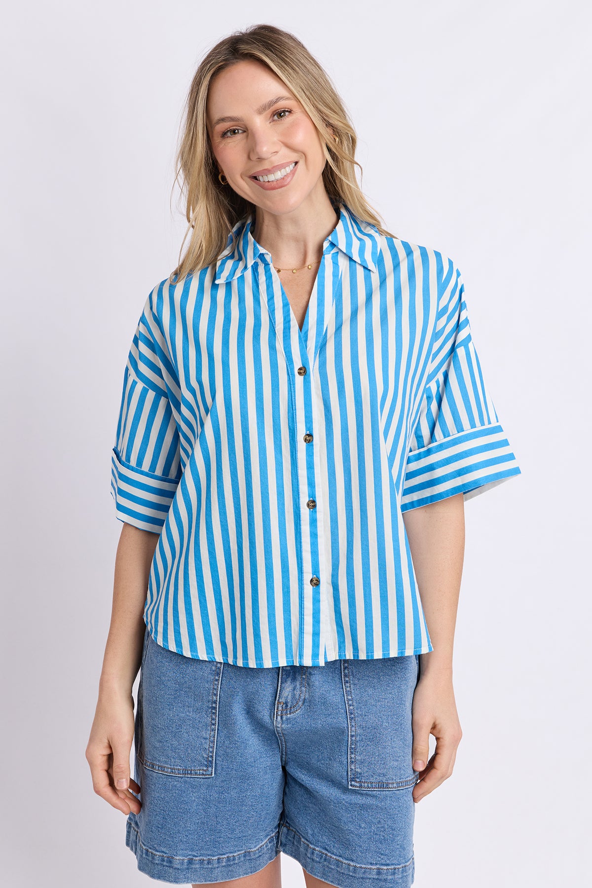 Striped Holiday Shirt Azure Blue/White