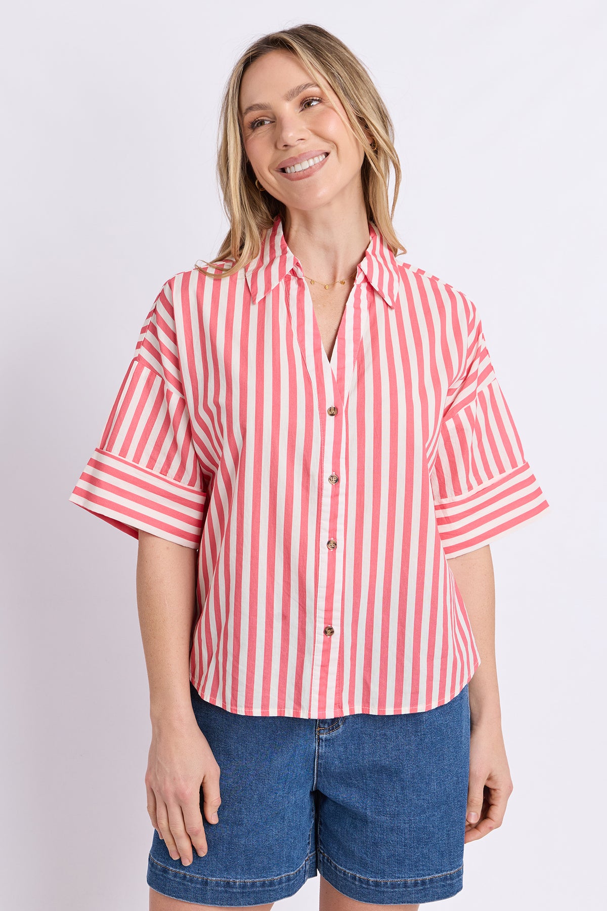 Striped Holiday Shirt Pink Lemonade/White