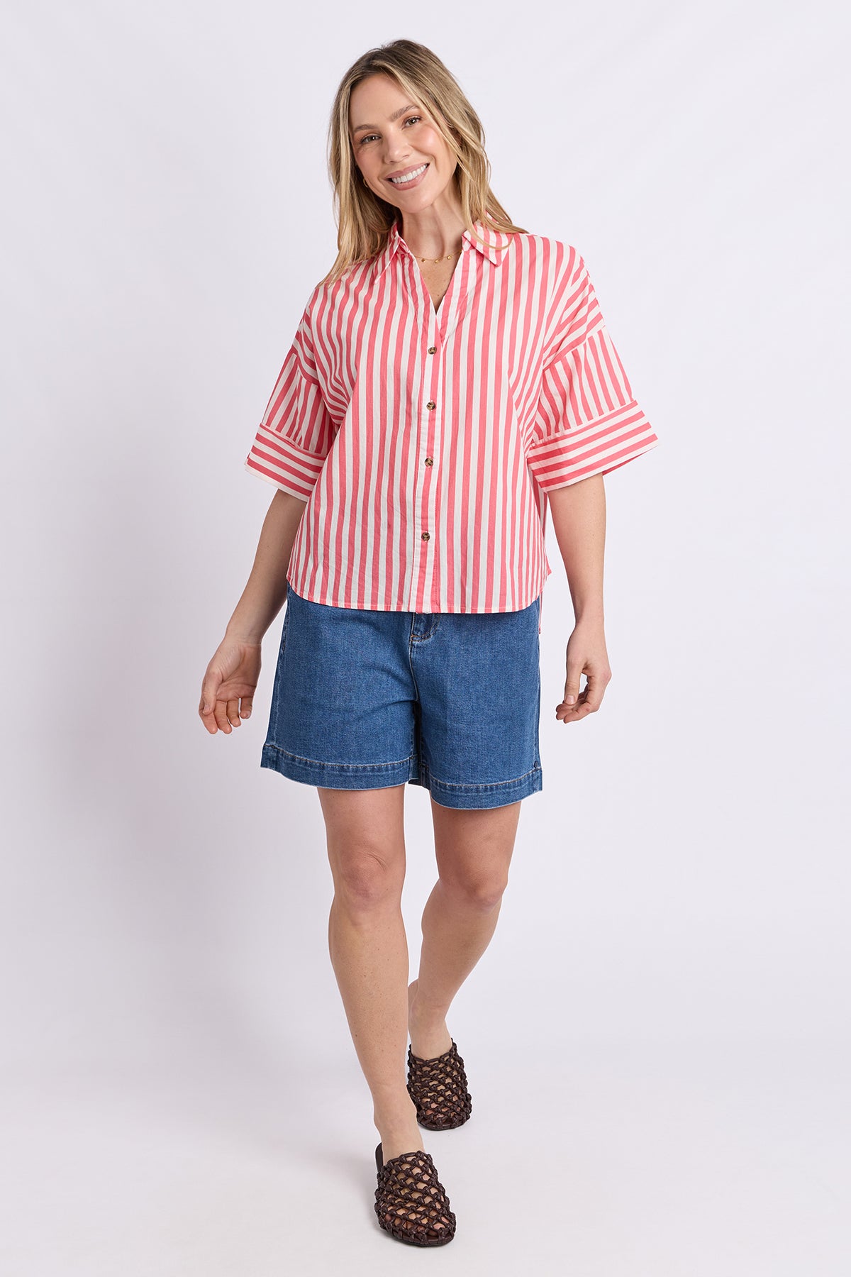 Striped Holiday Shirt Pink Lemonade/White