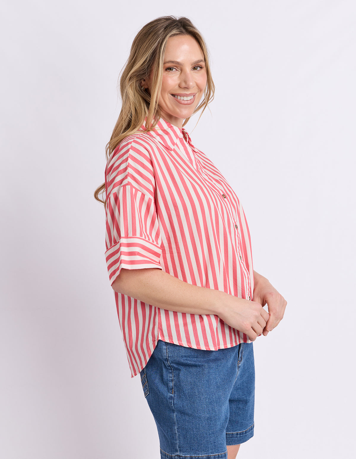 Striped Holiday Shirt Pink Lemonade/White