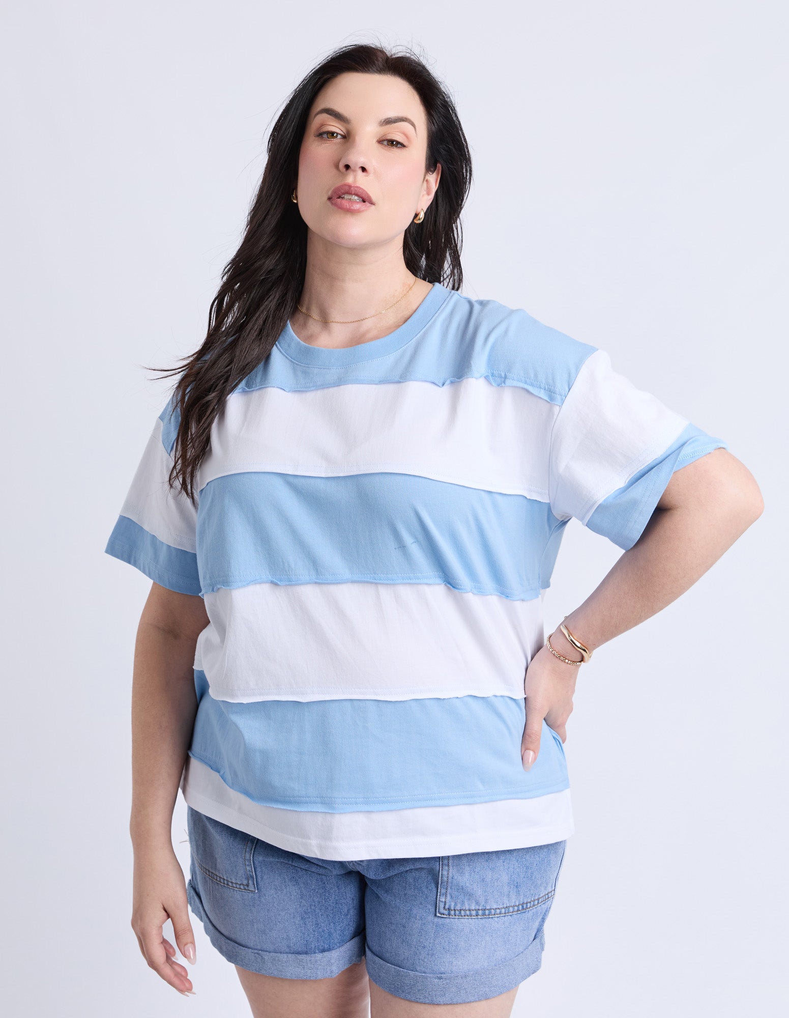 Bold Stripe Tee Azure Blu & Wht Str