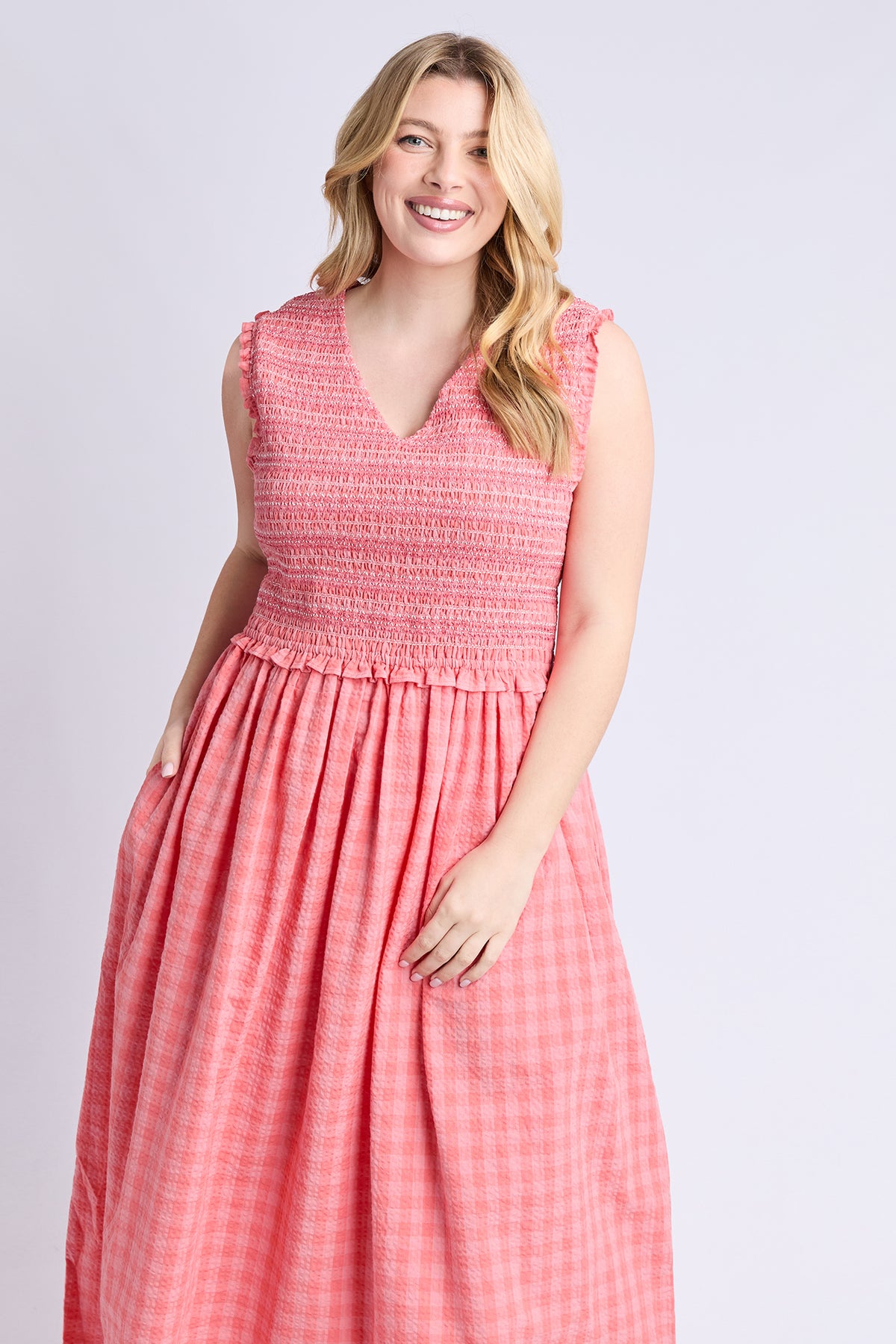 Gingham Shirred Dress Sugar Coral