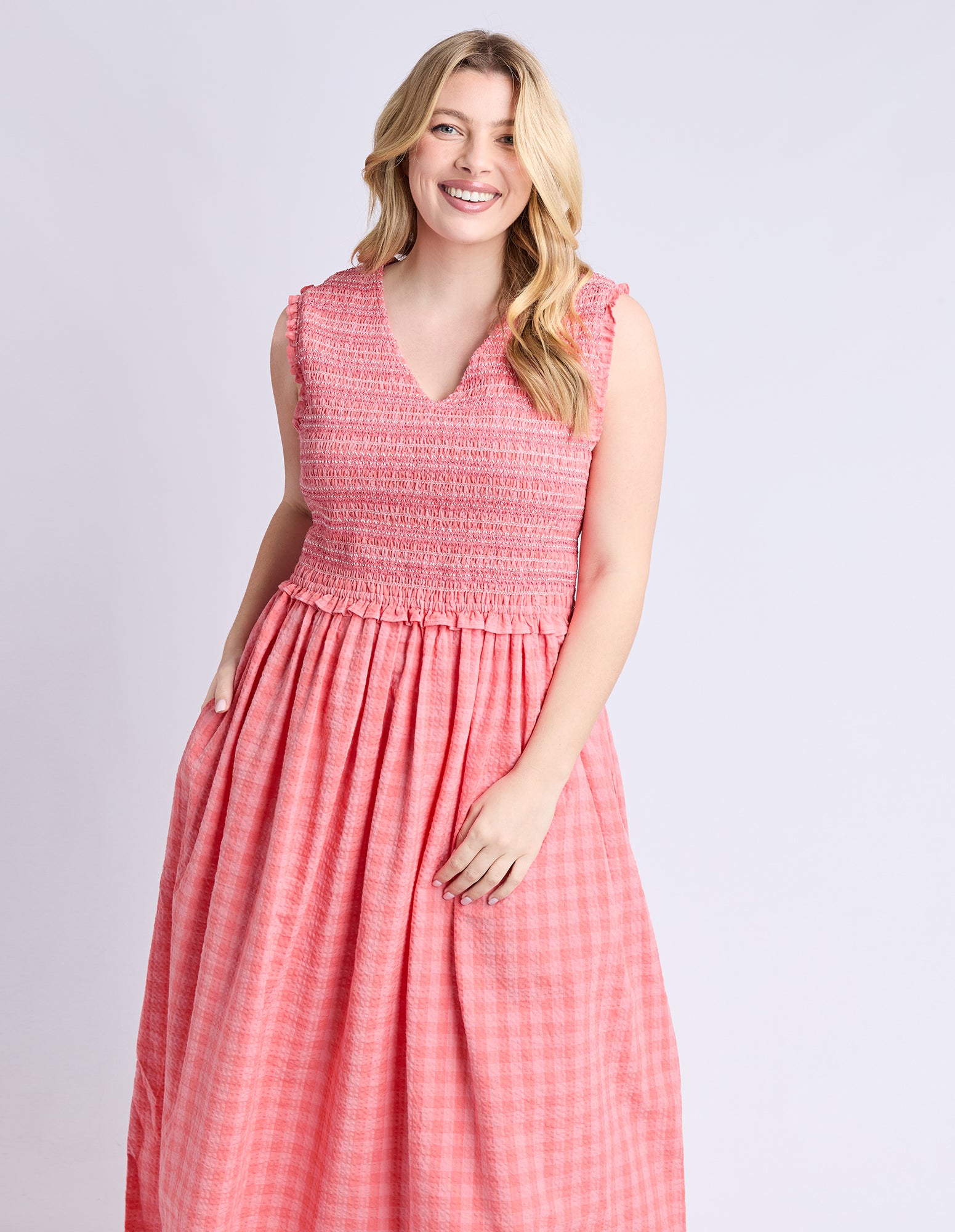 Gingham Shirred Dress Sugar Coral