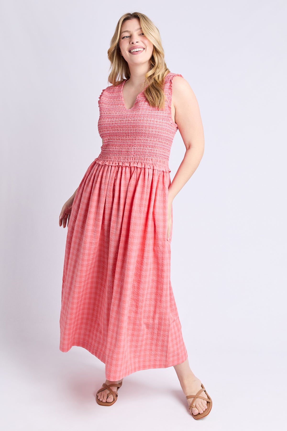 Gingham Shirred Dress Sugar Coral