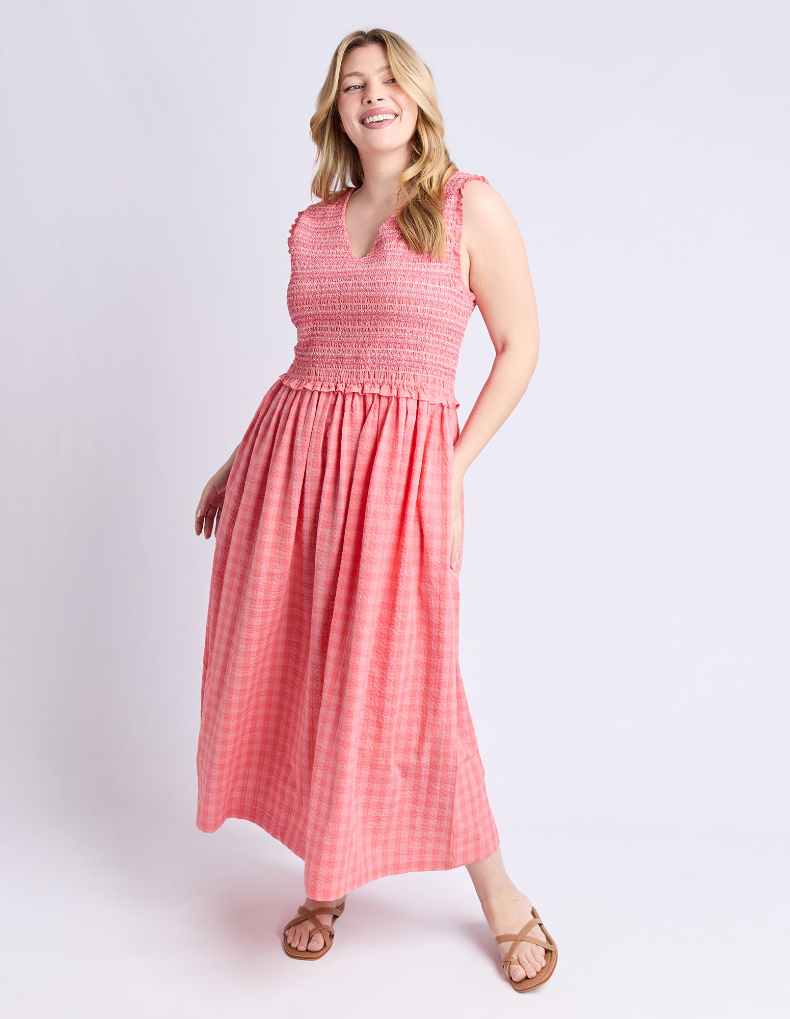 Gingham Shirred Dress Sugar Coral