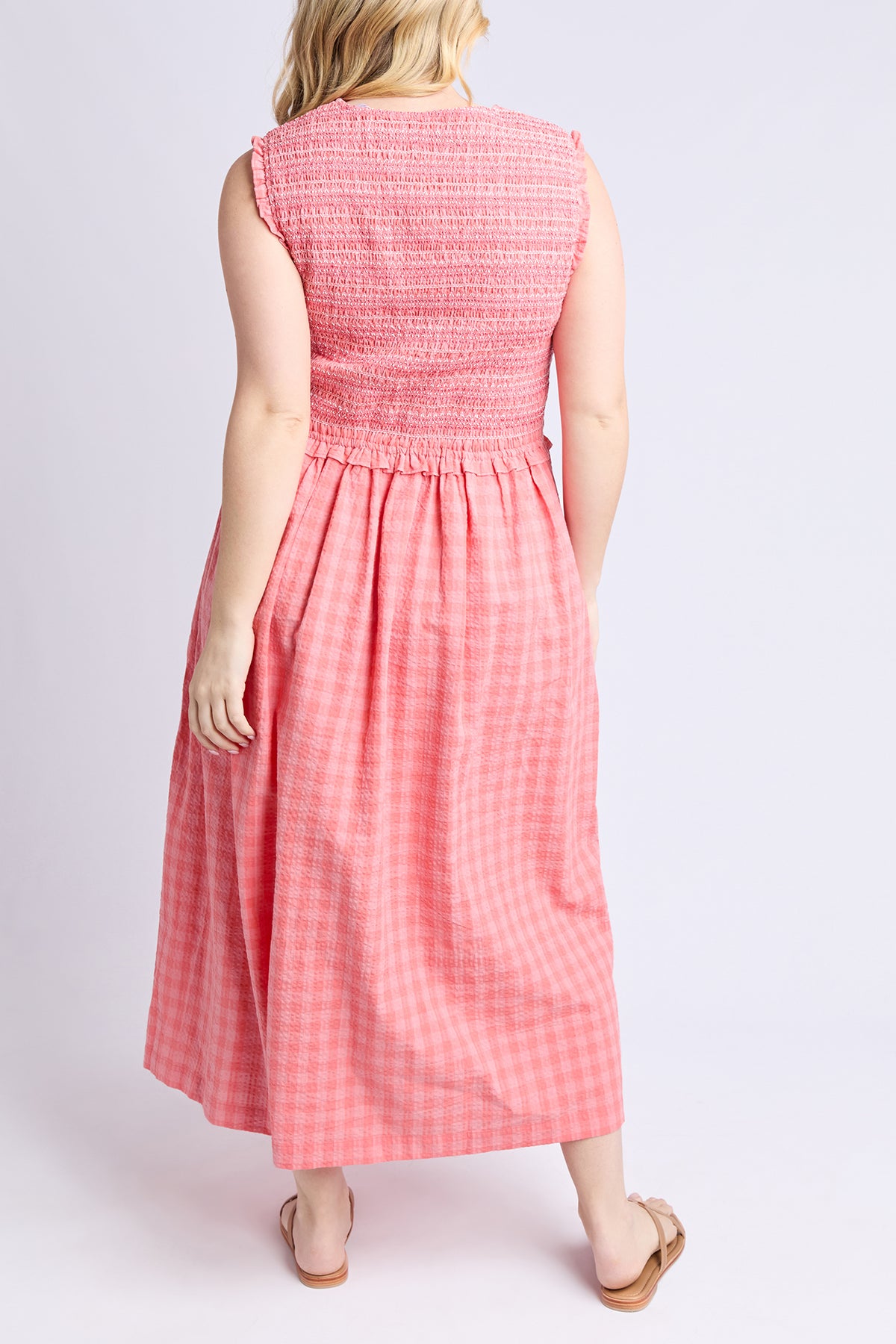 Gingham Shirred Dress Sugar Coral