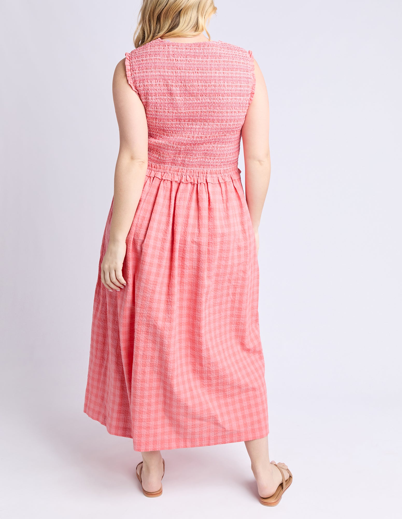 Gingham Shirred Dress Sugar Coral