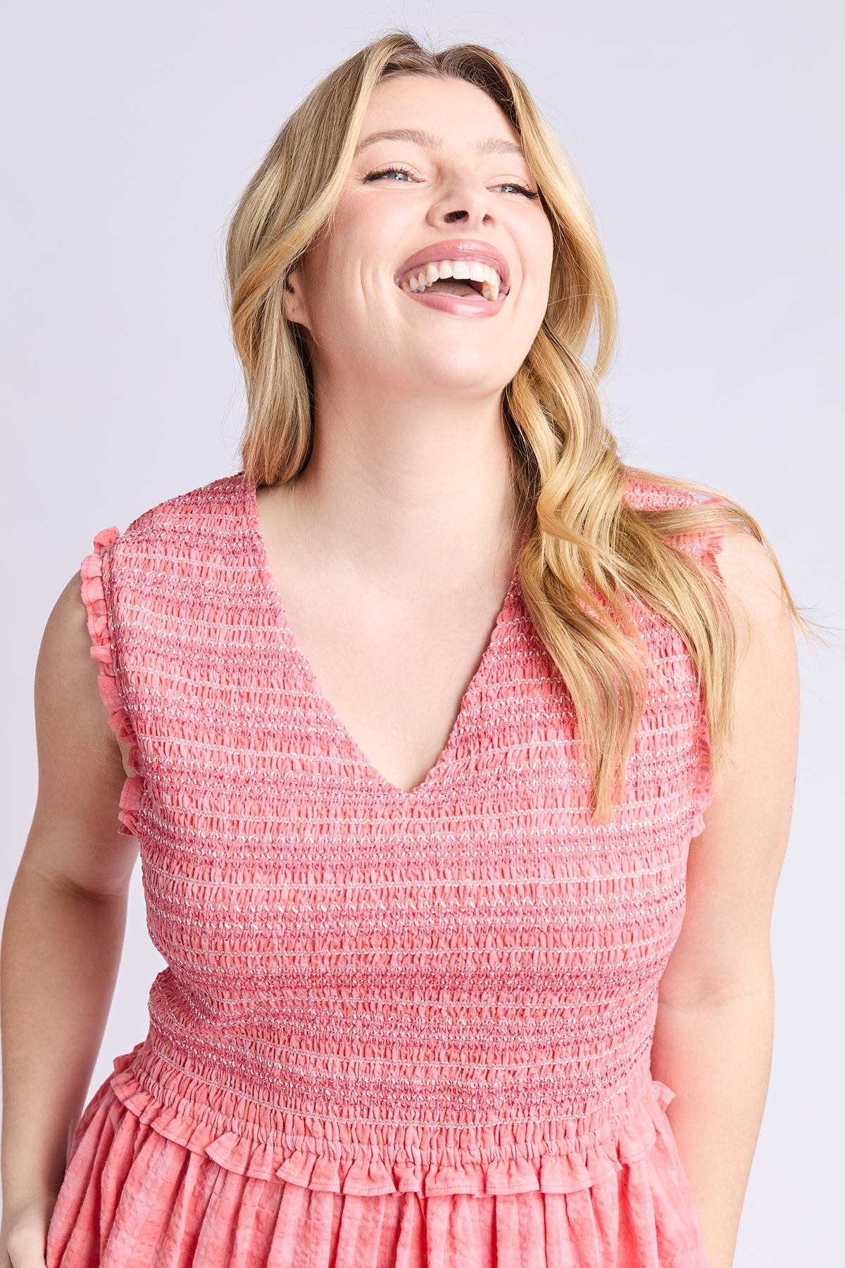 Gingham Shirred Dress Sugar Coral