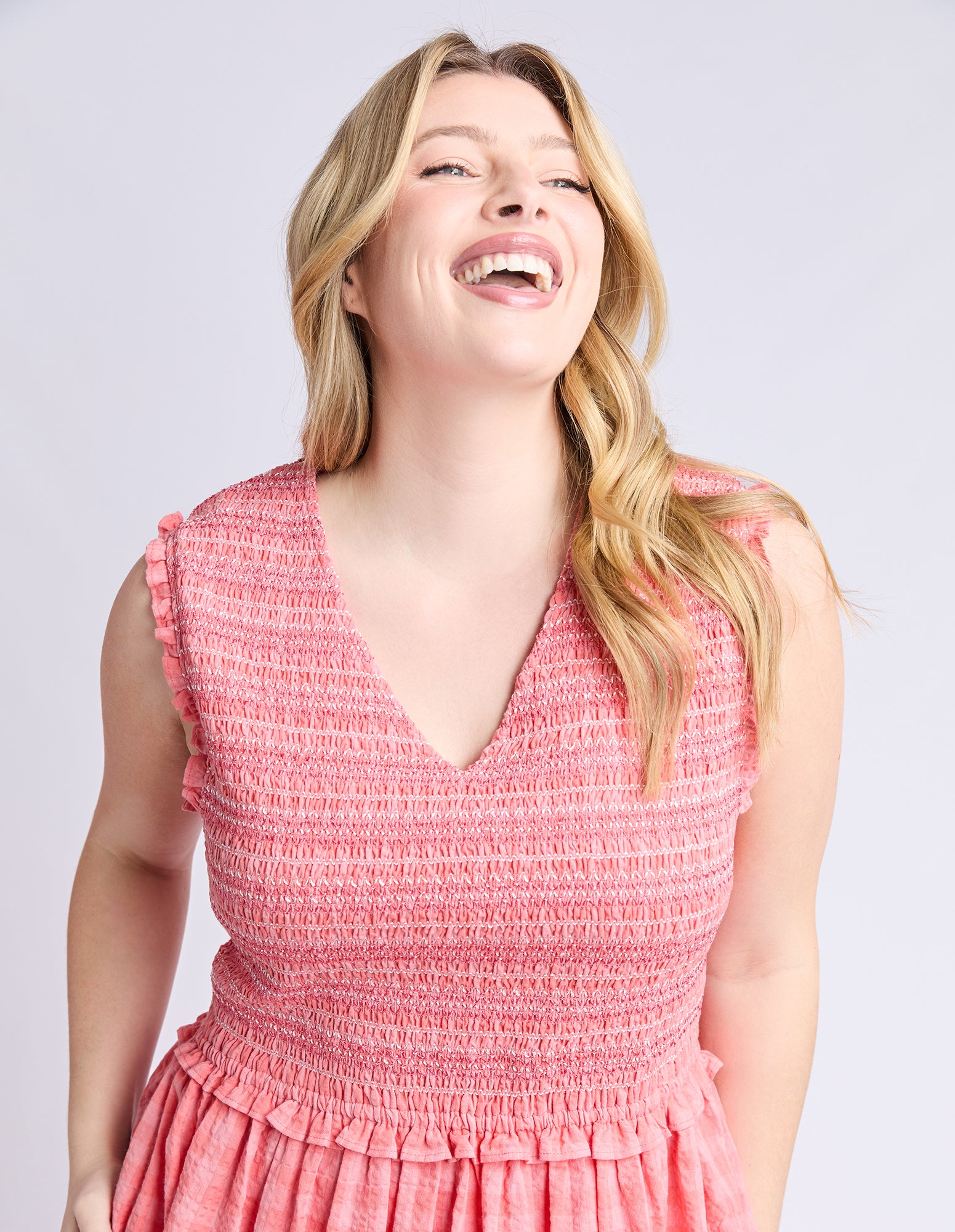 Gingham Shirred Dress Sugar Coral