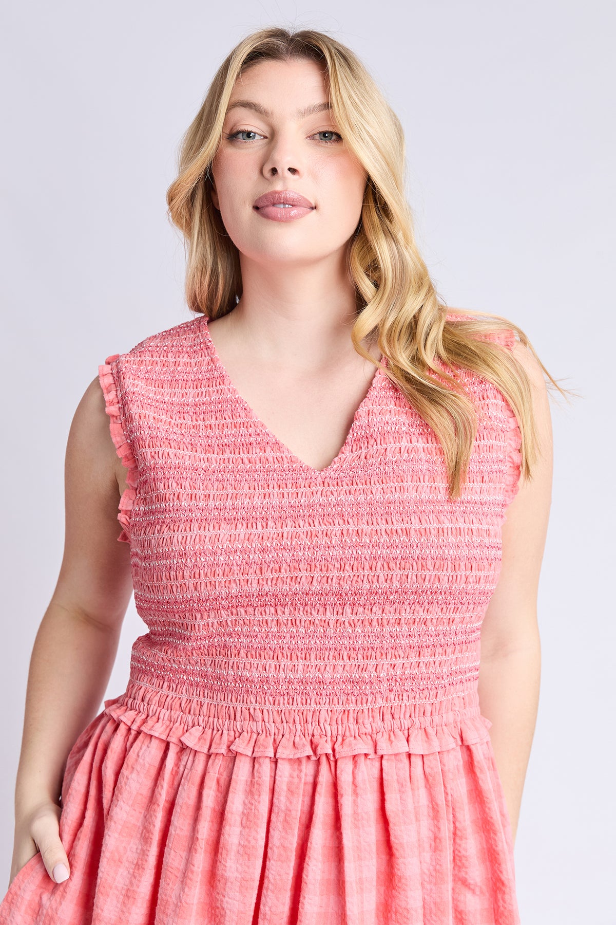 Gingham Shirred Dress Sugar Coral