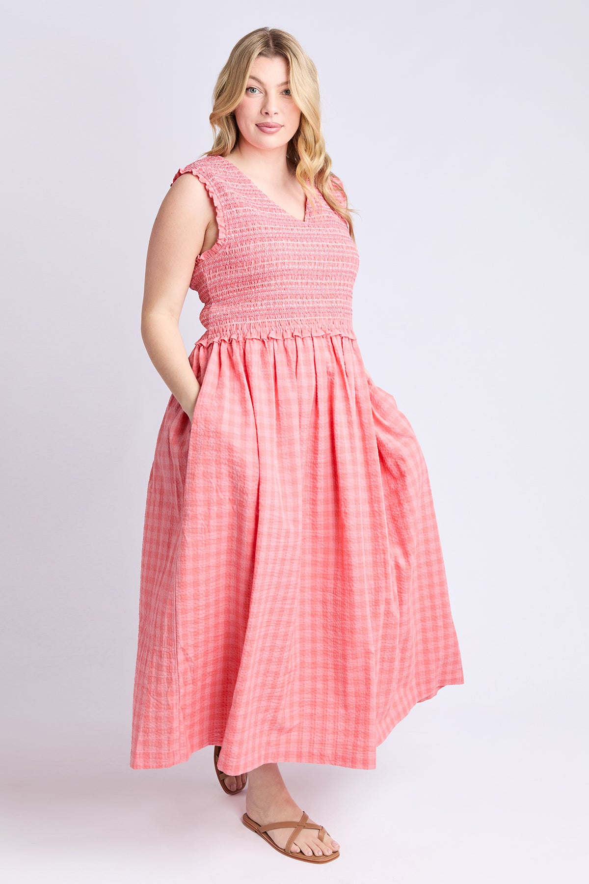 Gingham Shirred Dress Sugar Coral