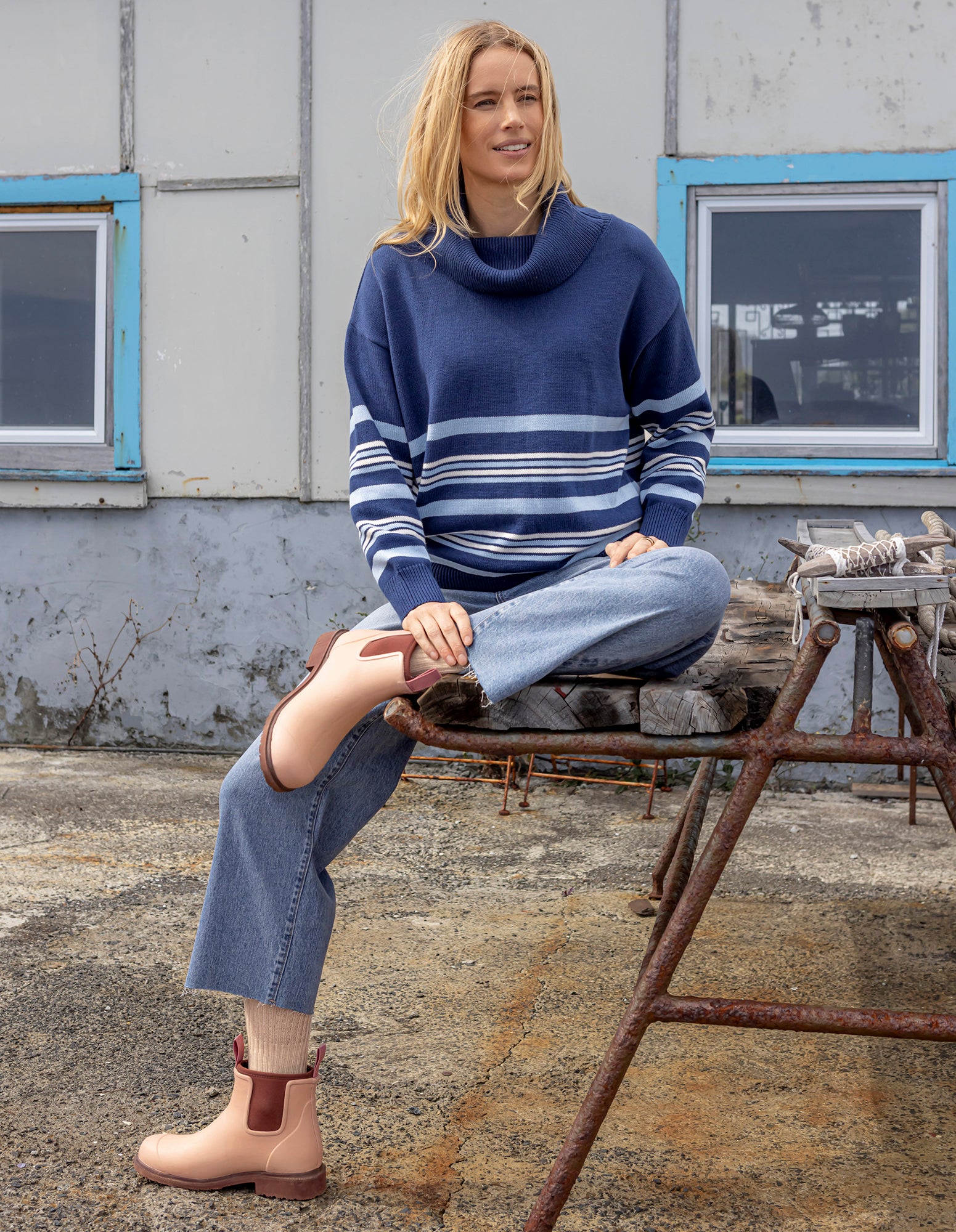 Striped Roll Neck Sweater Navy