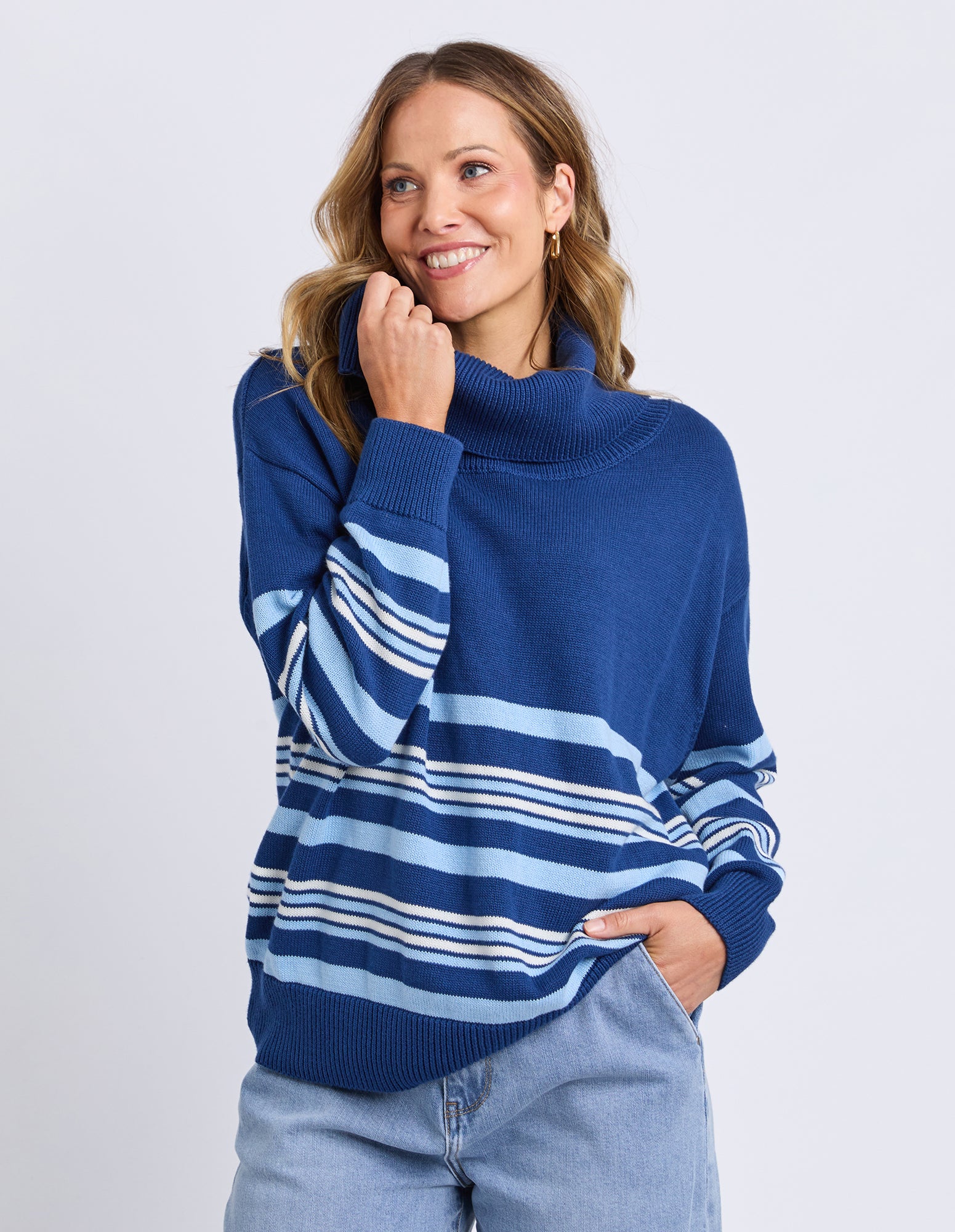 Striped Roll Neck Sweater Navy