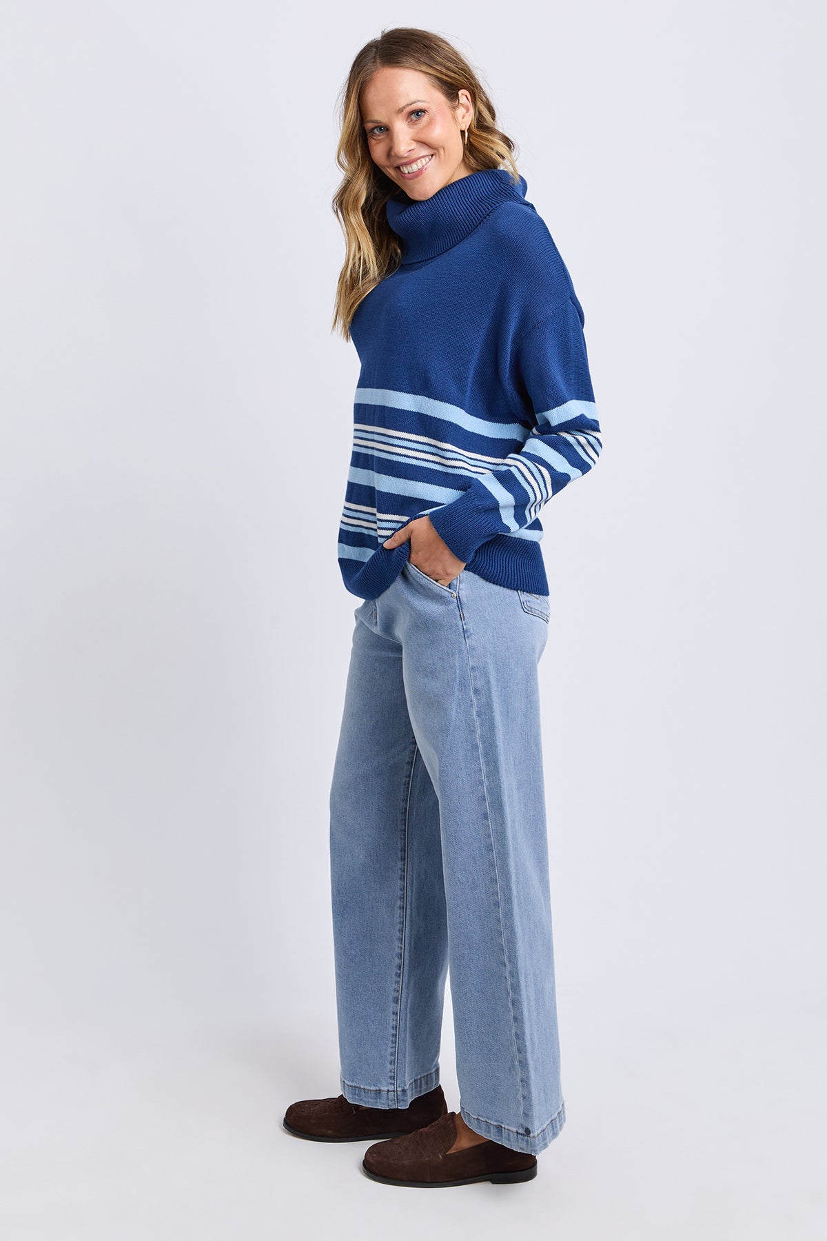 Striped Roll Neck Sweater Navy
