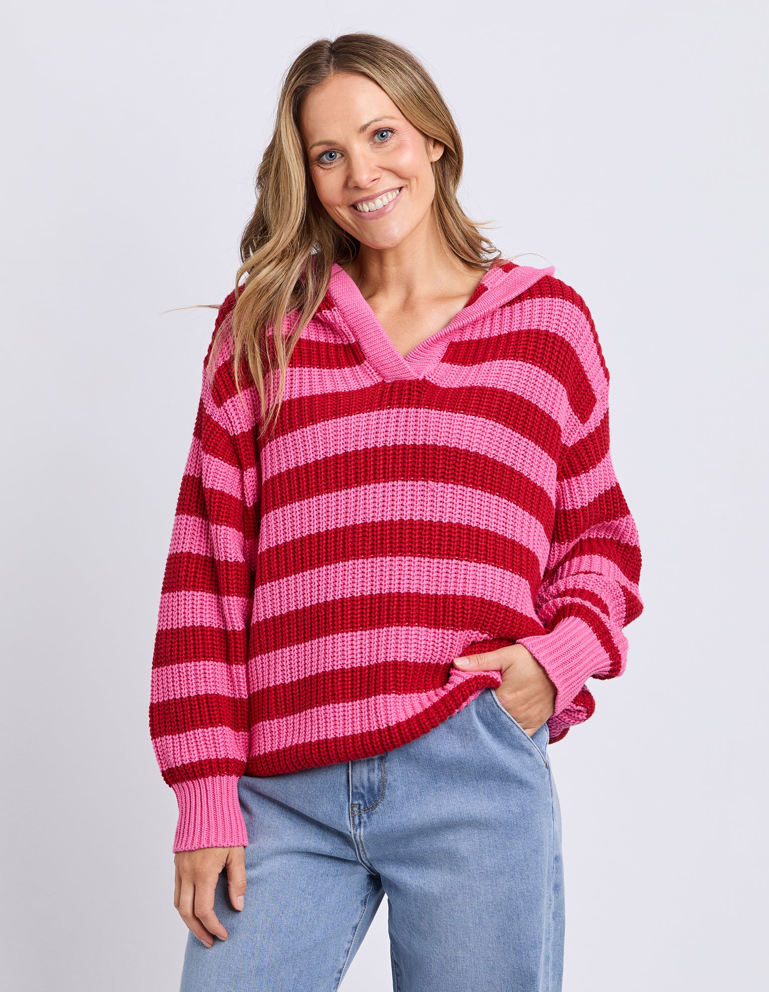 Stripe Hooded Knit Cranberry Stripe