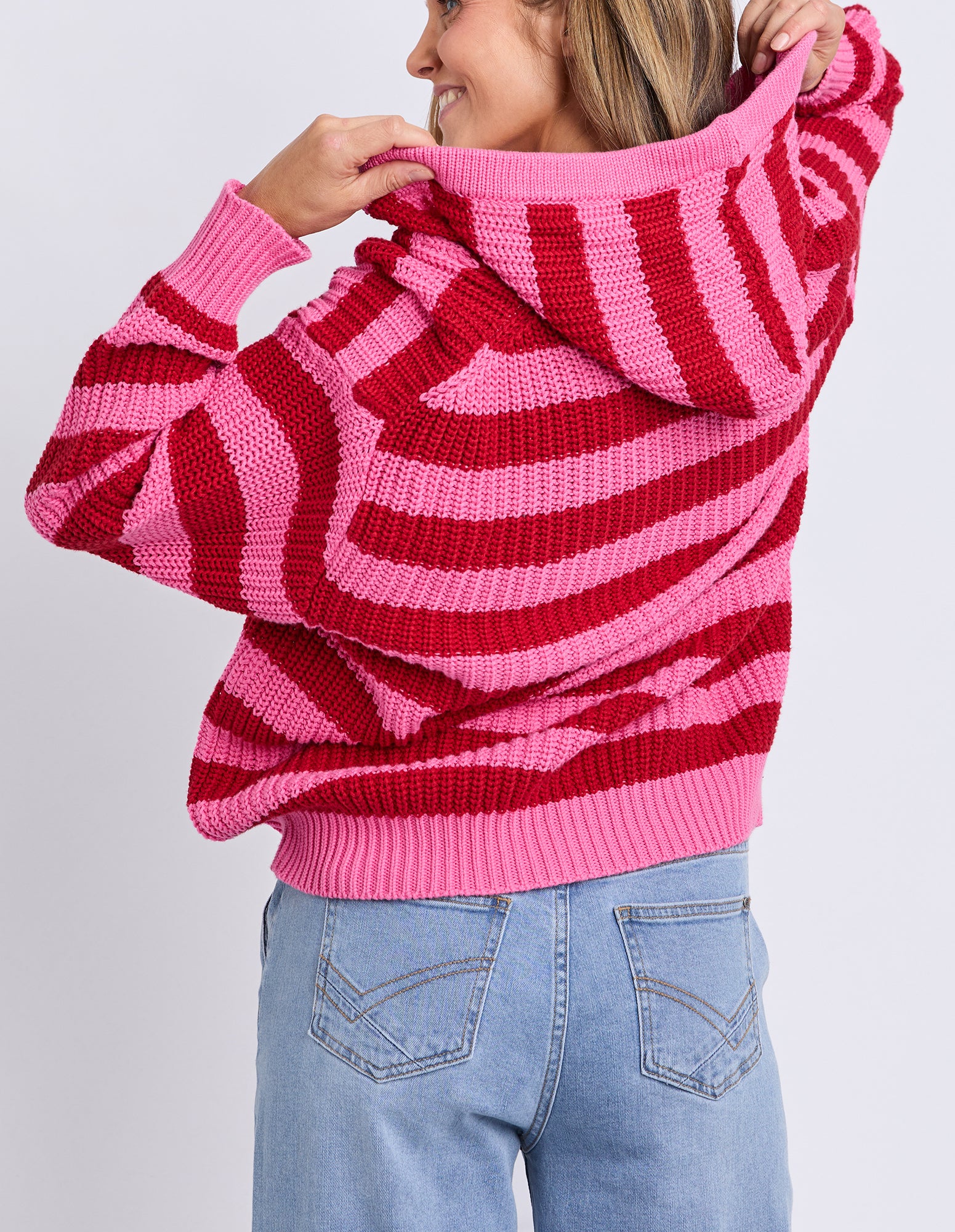 Stripe Hooded Knit Cranberry Stripe