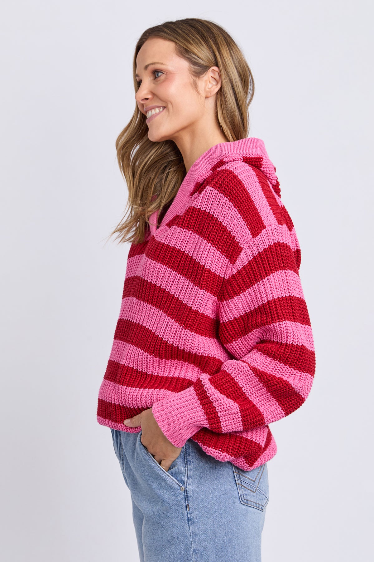 Stripe Hooded Knit Cranberry Stripe