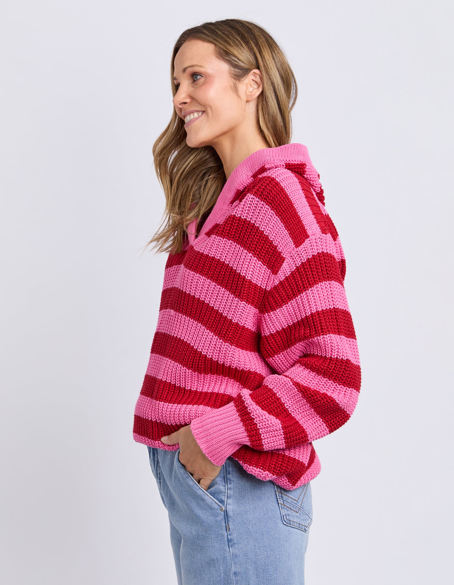 Stripe Hooded Knit Cranberry Stripe