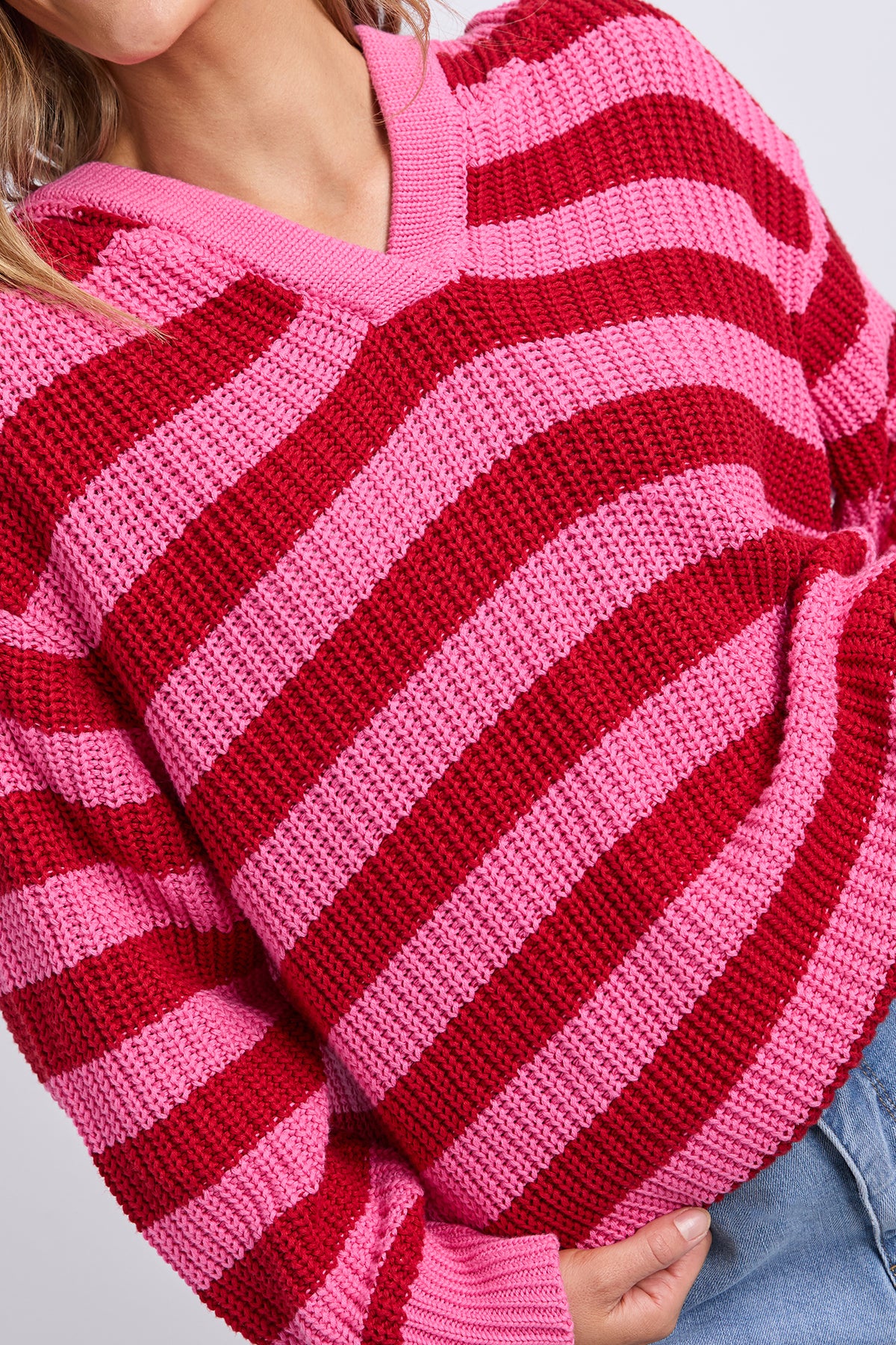 Stripe Hooded Knit Cranberry Stripe