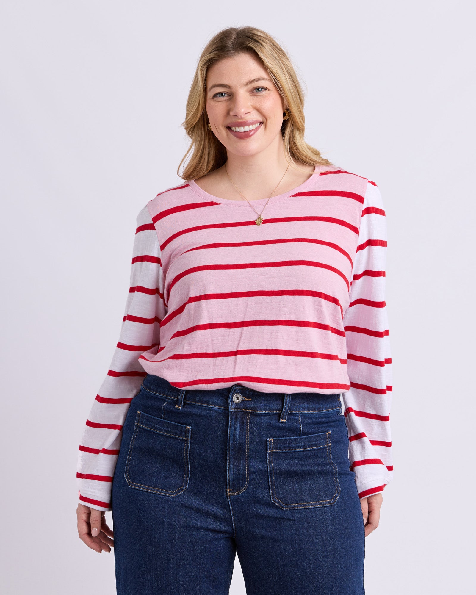 Baia Long Sleeve Tee Pink & Red Stripe