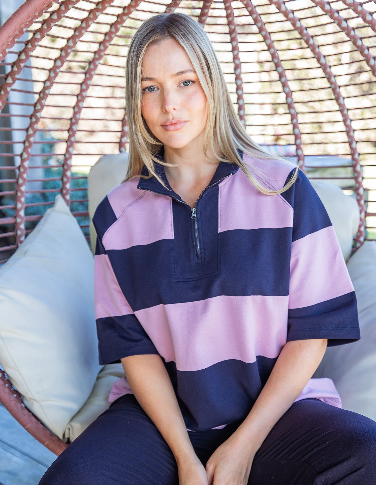 Freedom Rugby Sweat Pink & Navy Stripe