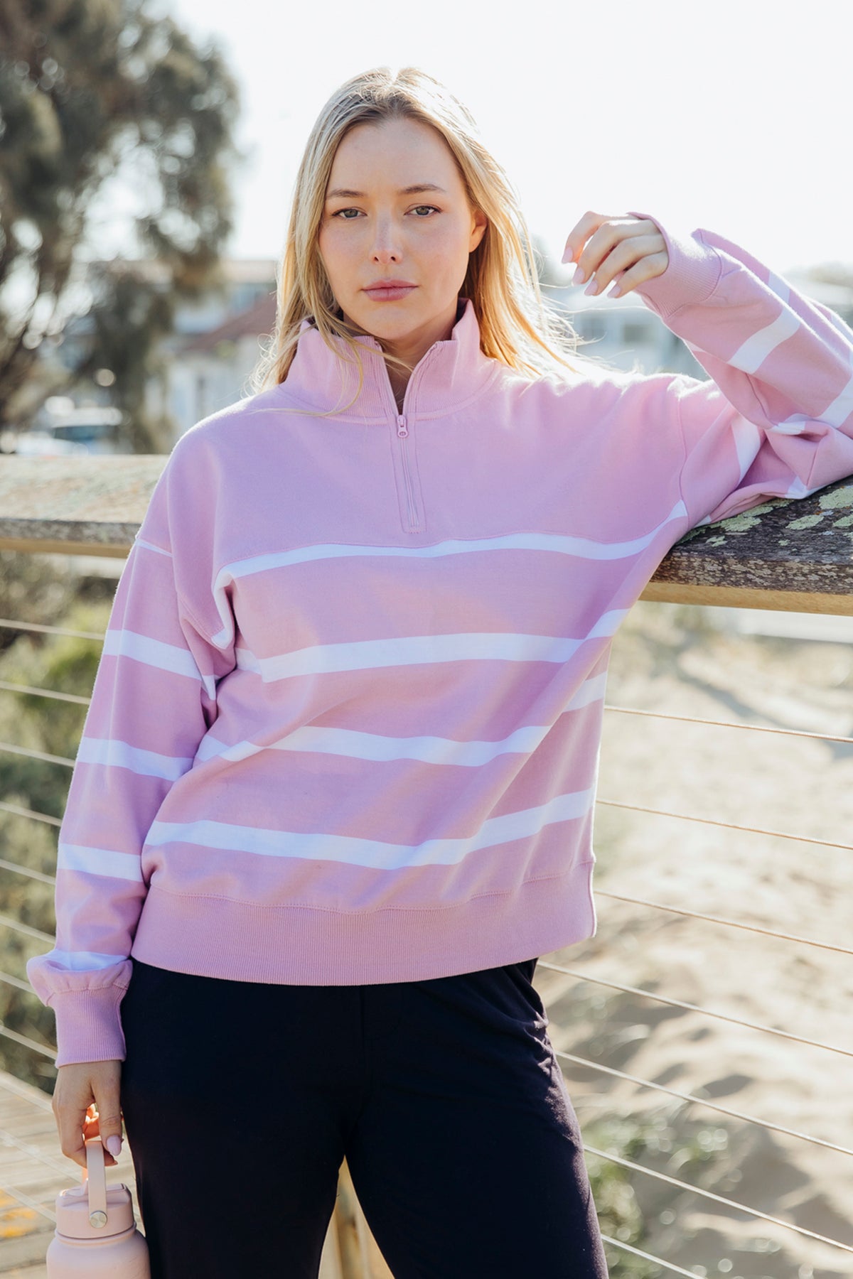 Freedom 1/4 Zip Crew Pink & White Stripe