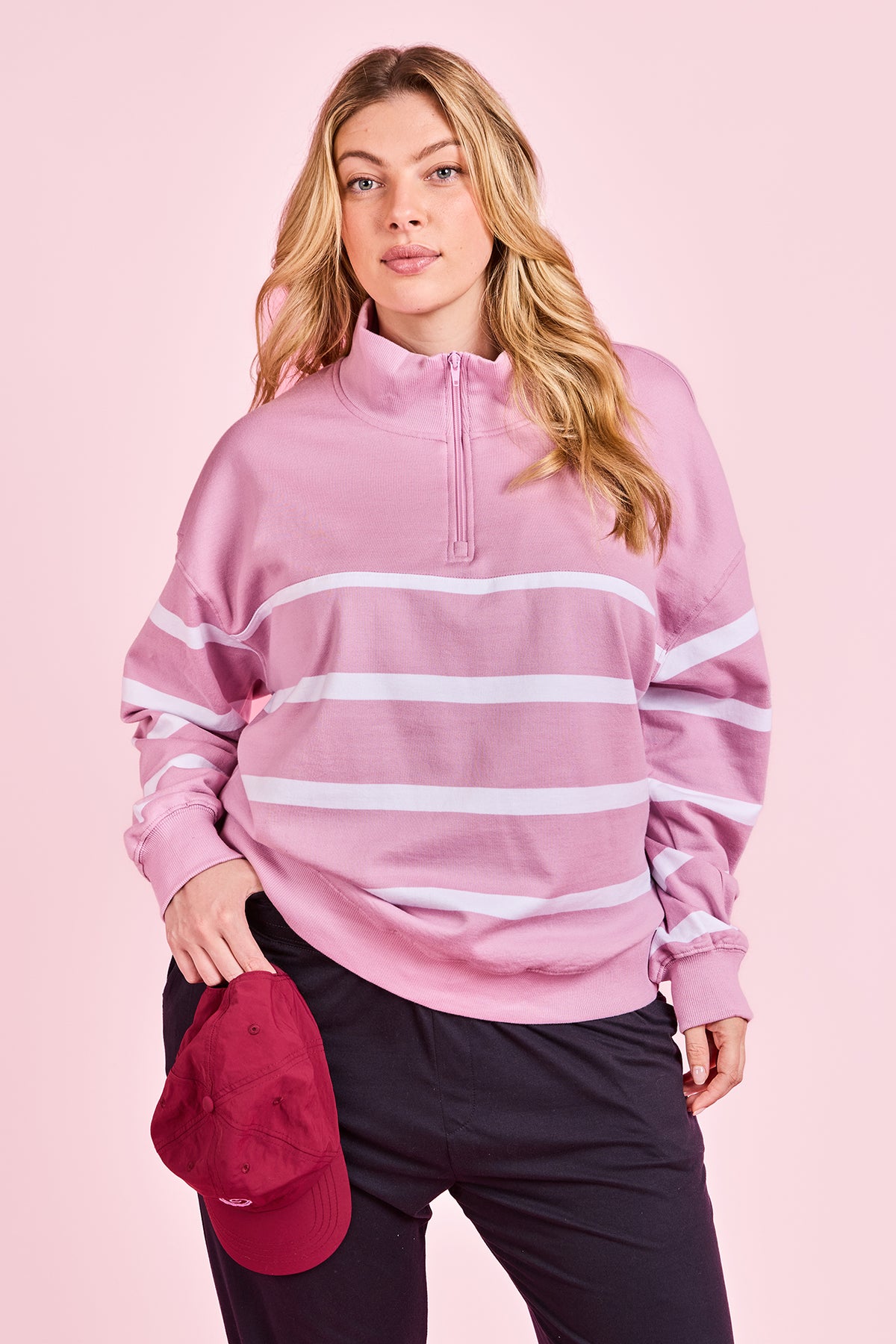 Freedom 1/4 Zip Crew Pink & White Stripe