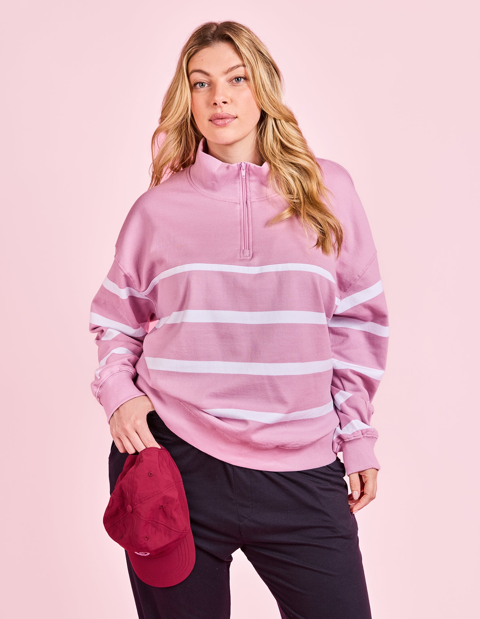 Freedom 1/4 Zip Crew Pink & White Stripe