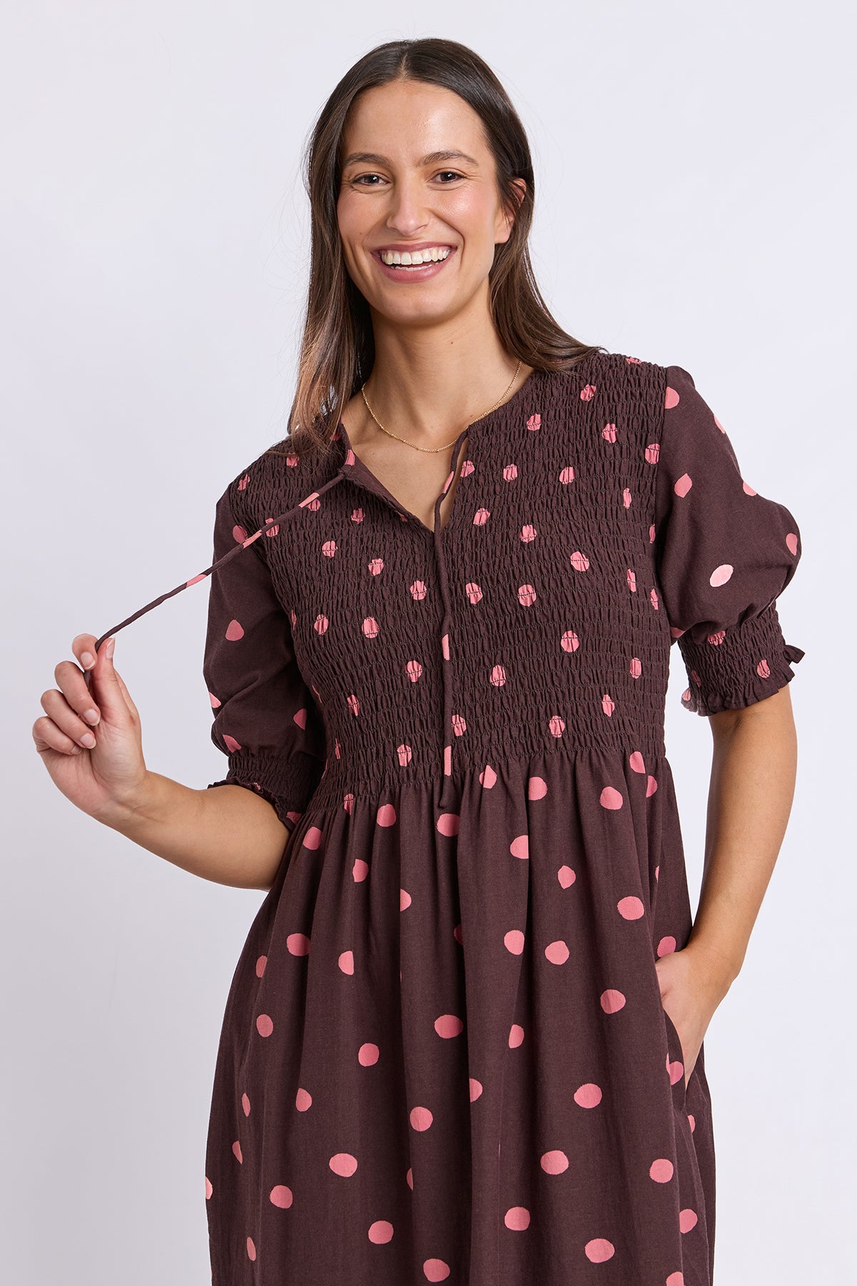 Willa Spot Dress Chocolate/Pink Spot
