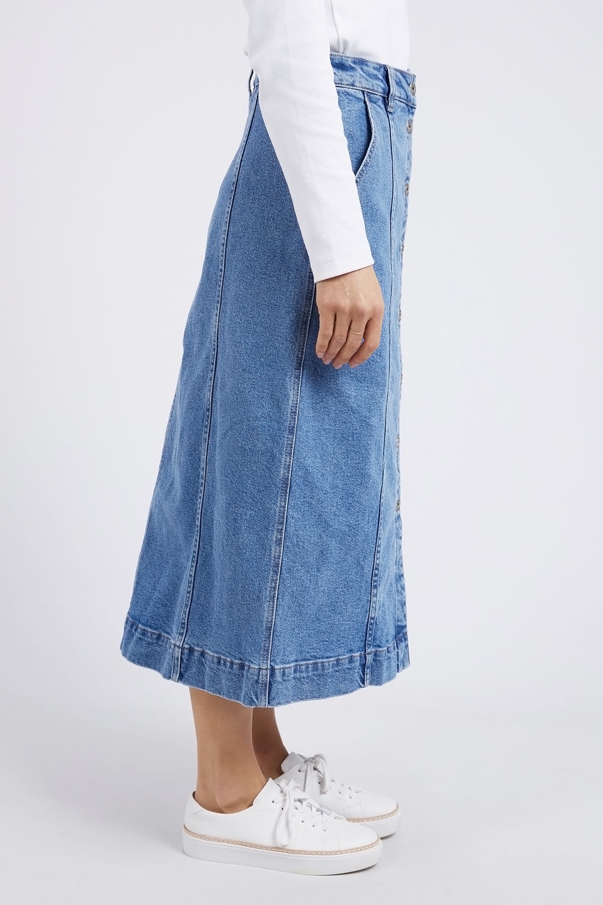 Florence Button Thru Denim Skirt Mid Blue