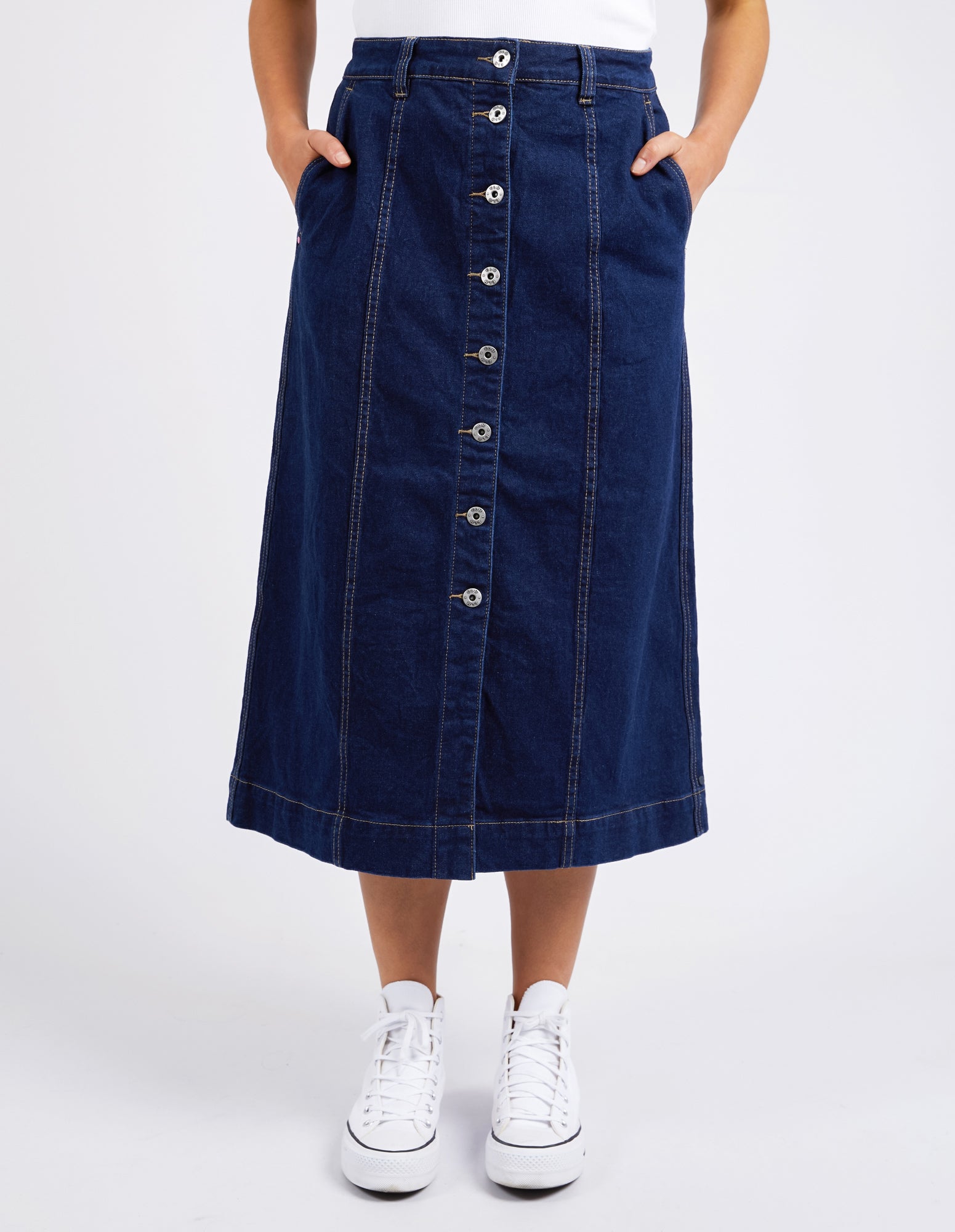 Black Frayed Hem Button-Down Midi Denim Skirt – Lookbook Store