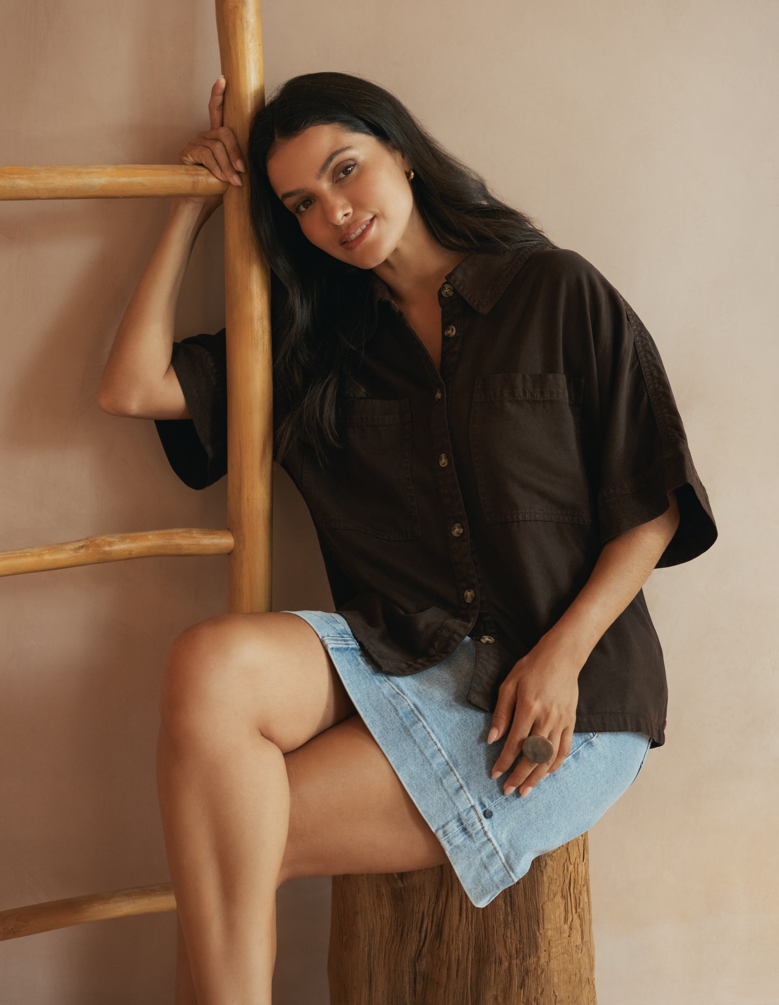Demi Short Sleeve Denim Shirt Coffee