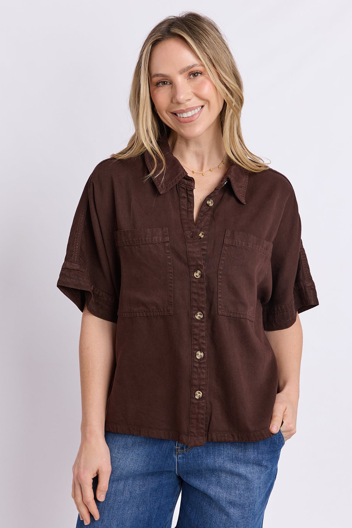 Demi Short Sleeve Denim Shirt Coffee