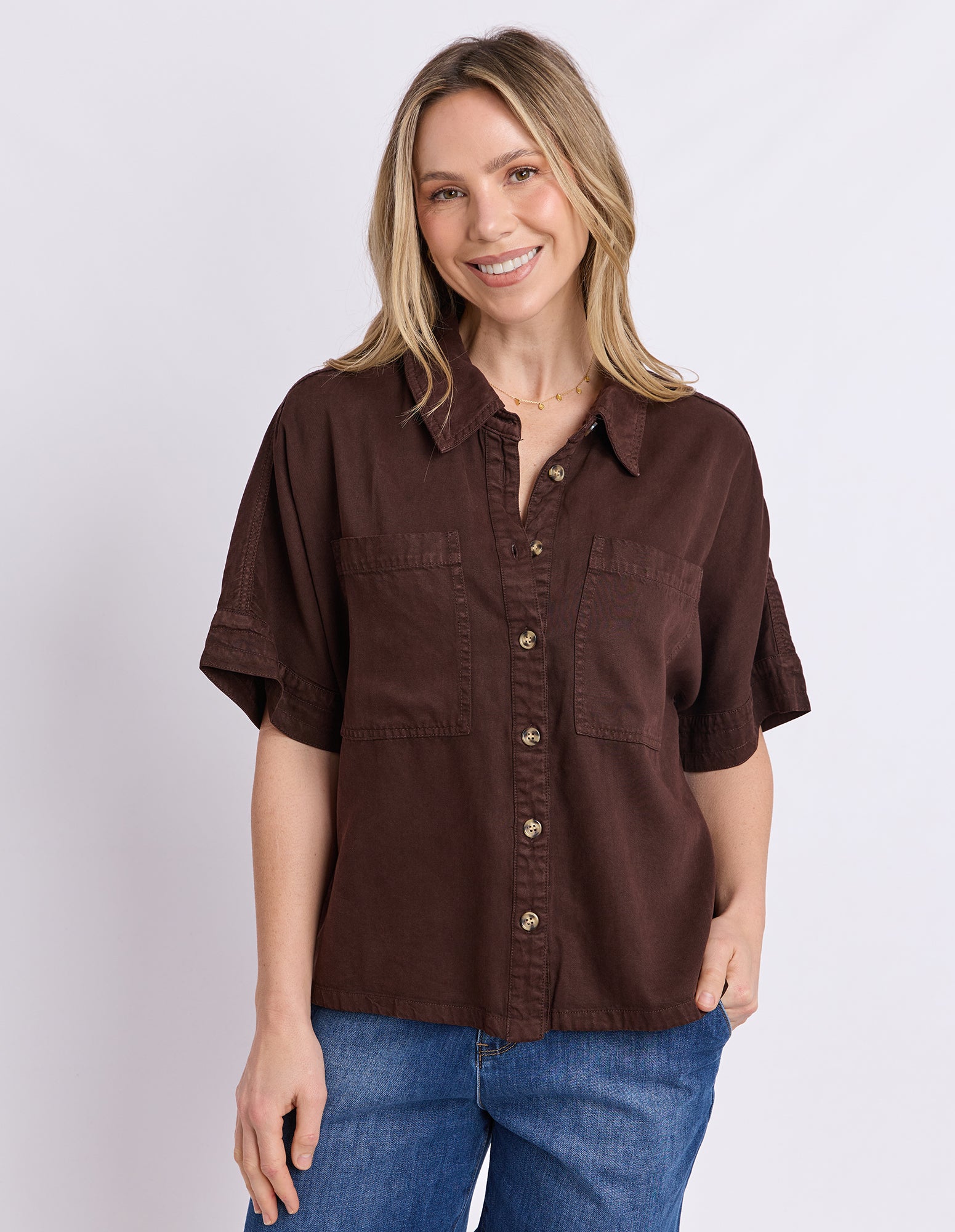Demi Short Sleeve Denim Shirt Coffee