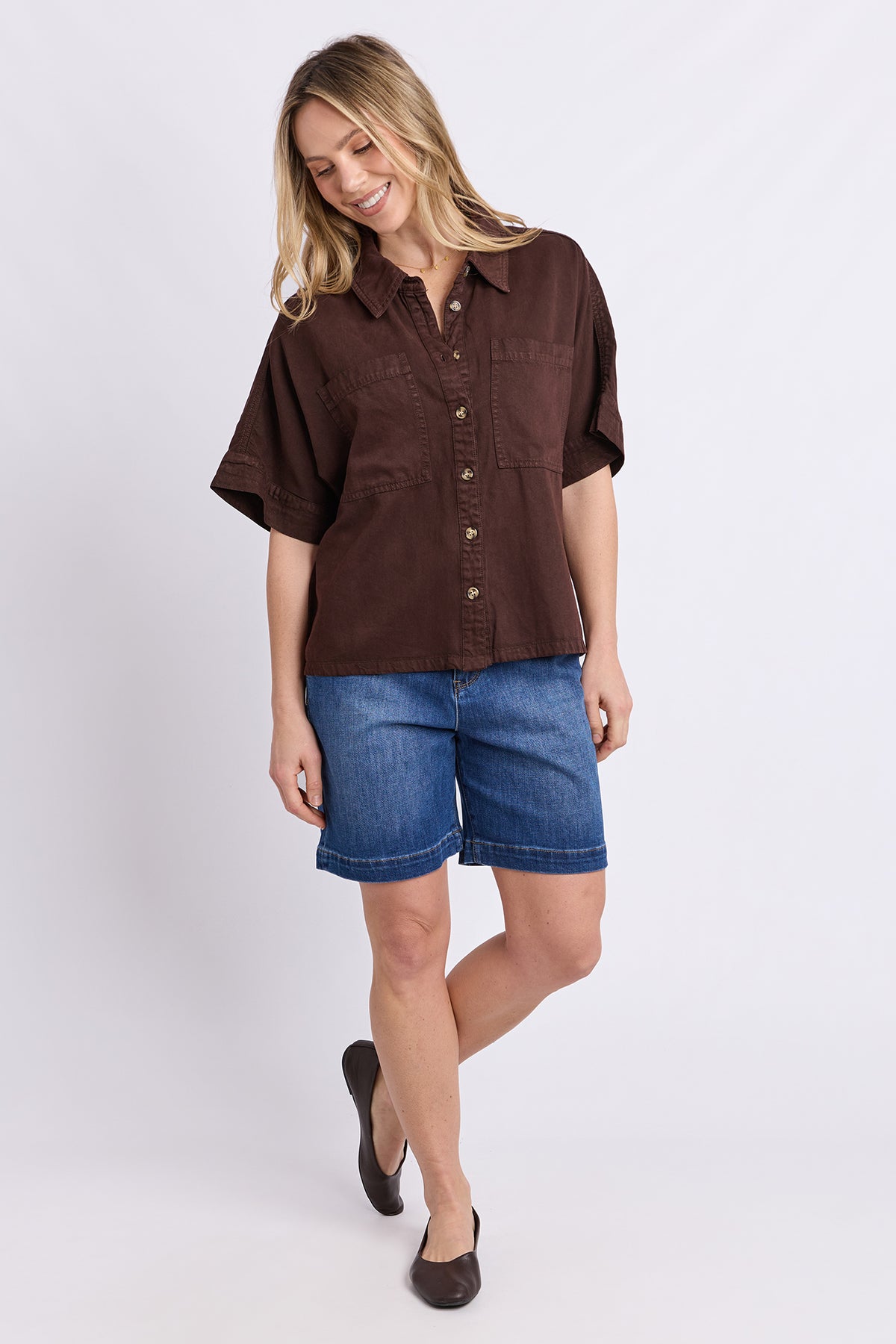 Demi Short Sleeve Denim Shirt Coffee