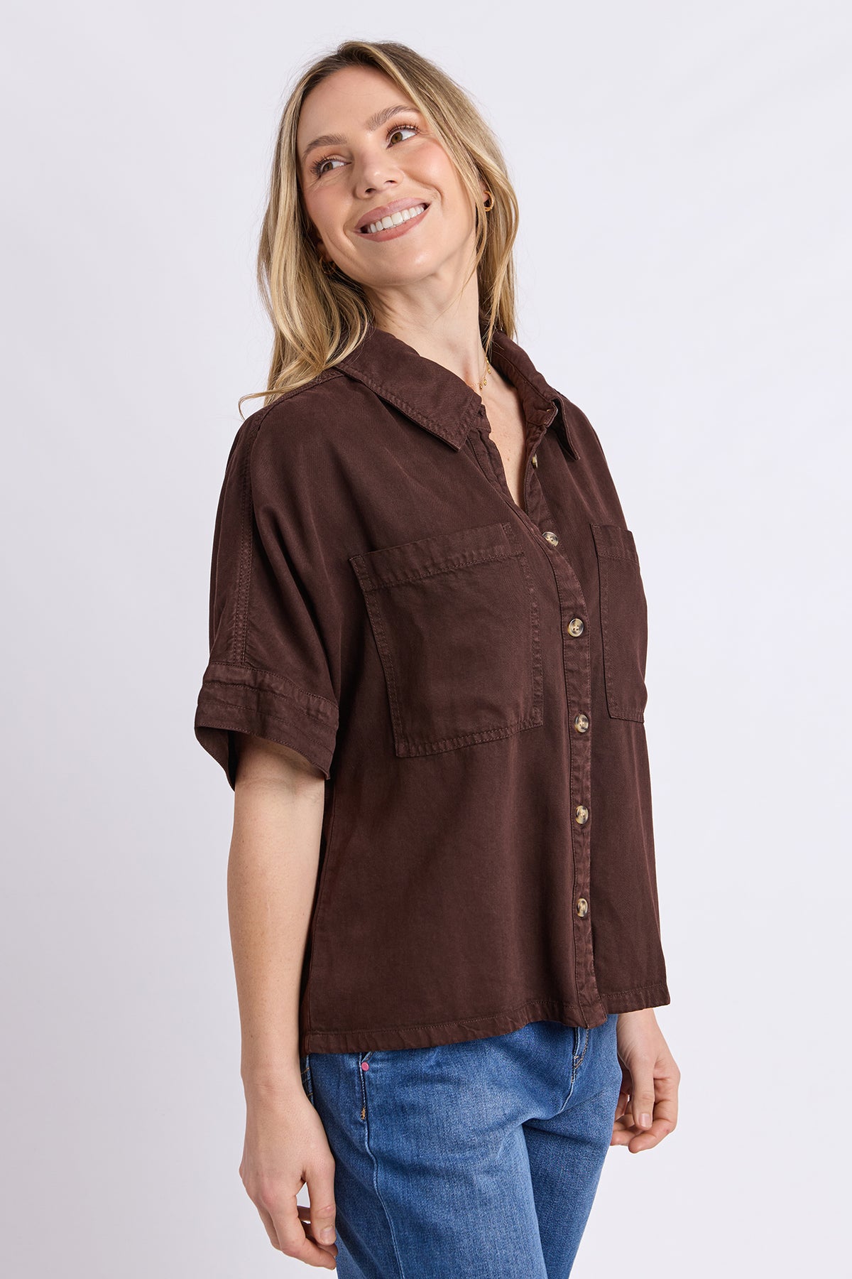 Demi Short Sleeve Denim Shirt Coffee