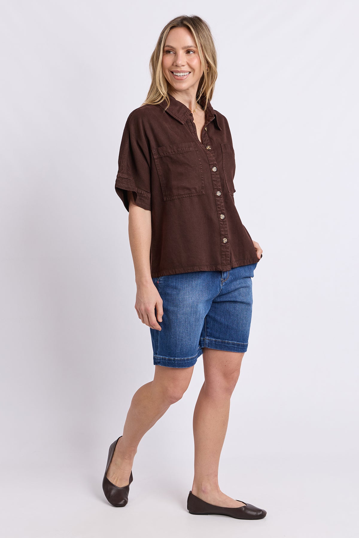 Demi Short Sleeve Denim Shirt Coffee